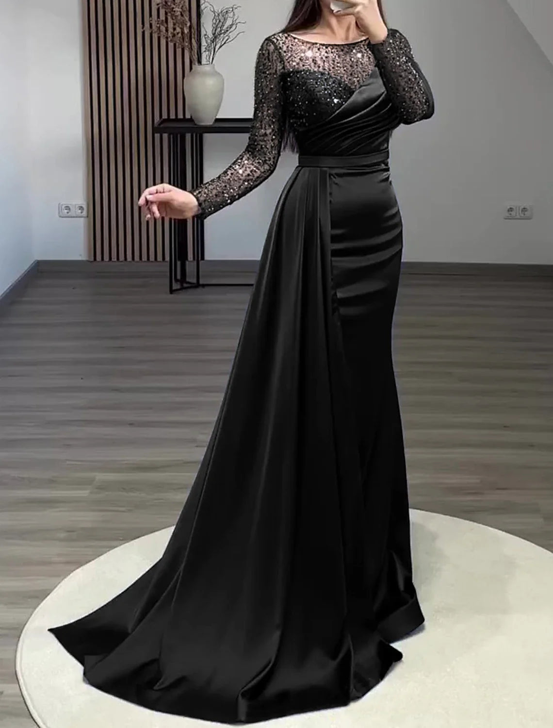 Green Mermaid Sequin Long Sleeve Train Evening Gown - Chloe Dress