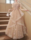 A-Line Square Neck Tulle Short Sleeve Floor-Length Prom Dress - Chloe Dress