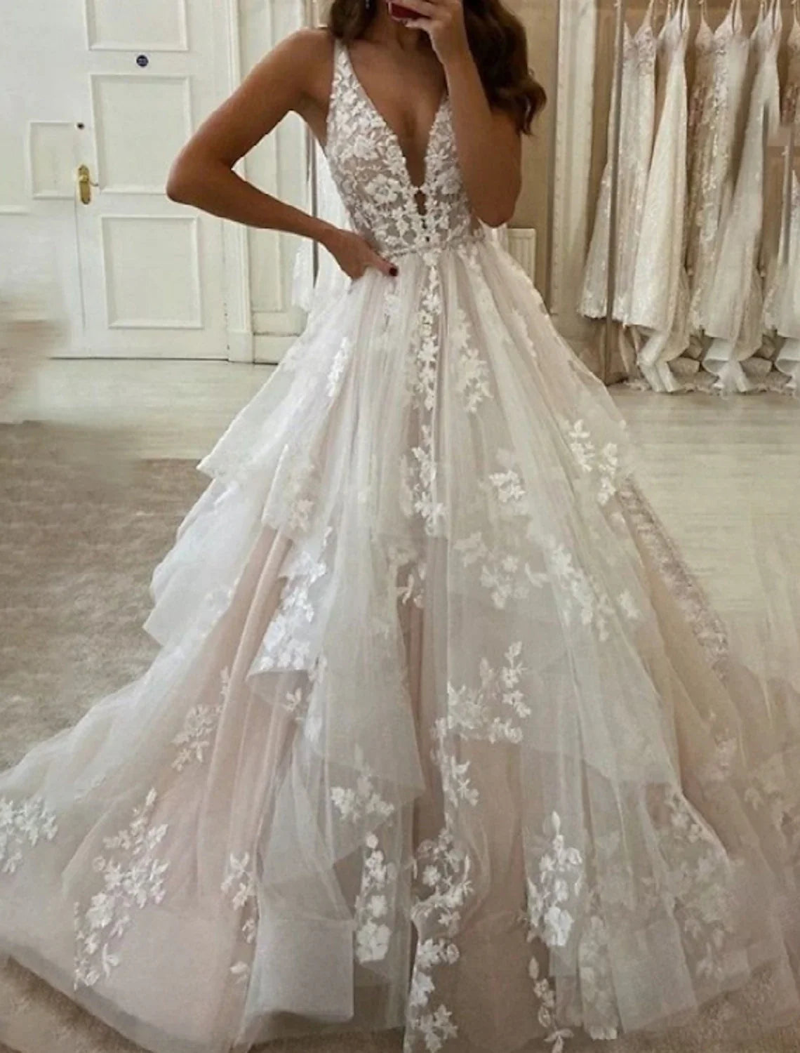 Ball Gown V-Neck Lace Sleeveless Applique Floor-Length Wedding Gown - Chloe Dress