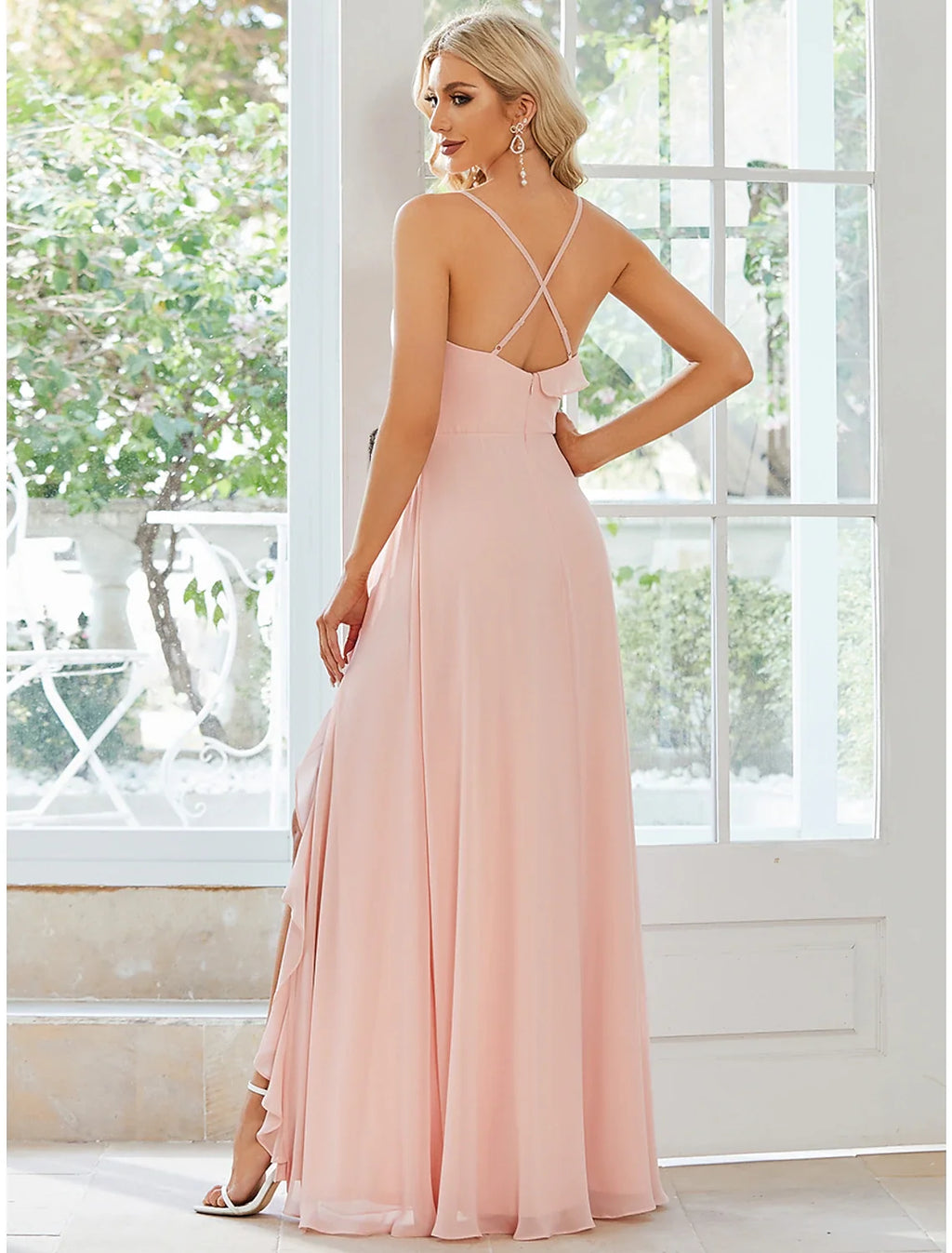 A-Line Spaghetti Strap Chiffon Sleeveless High Slit Floor-Length Wedding Dress - Chloe Dress
