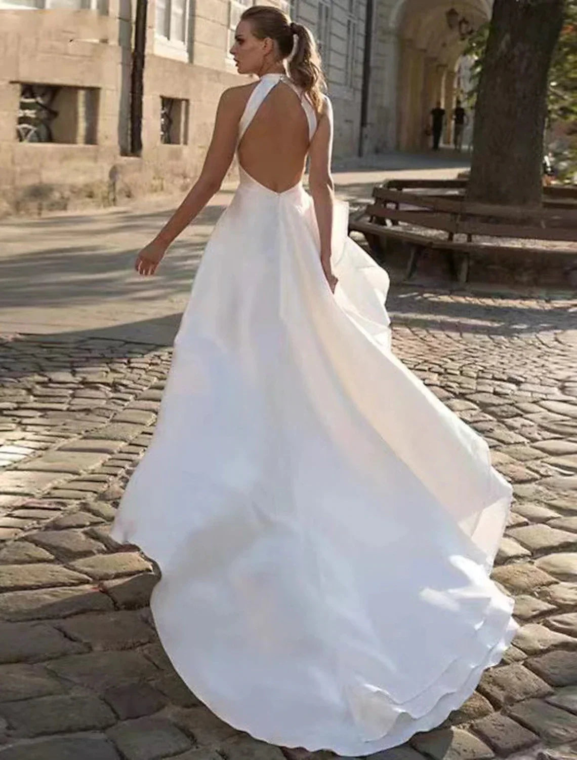A-Line Halter Satin Sleeveless Open Back Train Wedding Gown - Chloe Dress