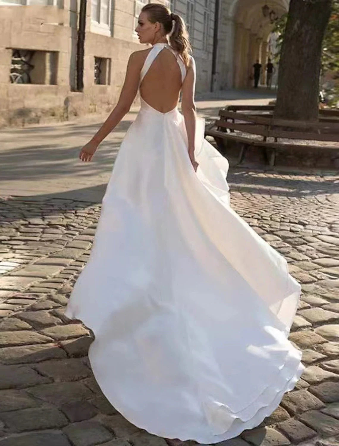A-Line Halter Satin Sleeveless Open Back Train Wedding Gown - Chloe Dress