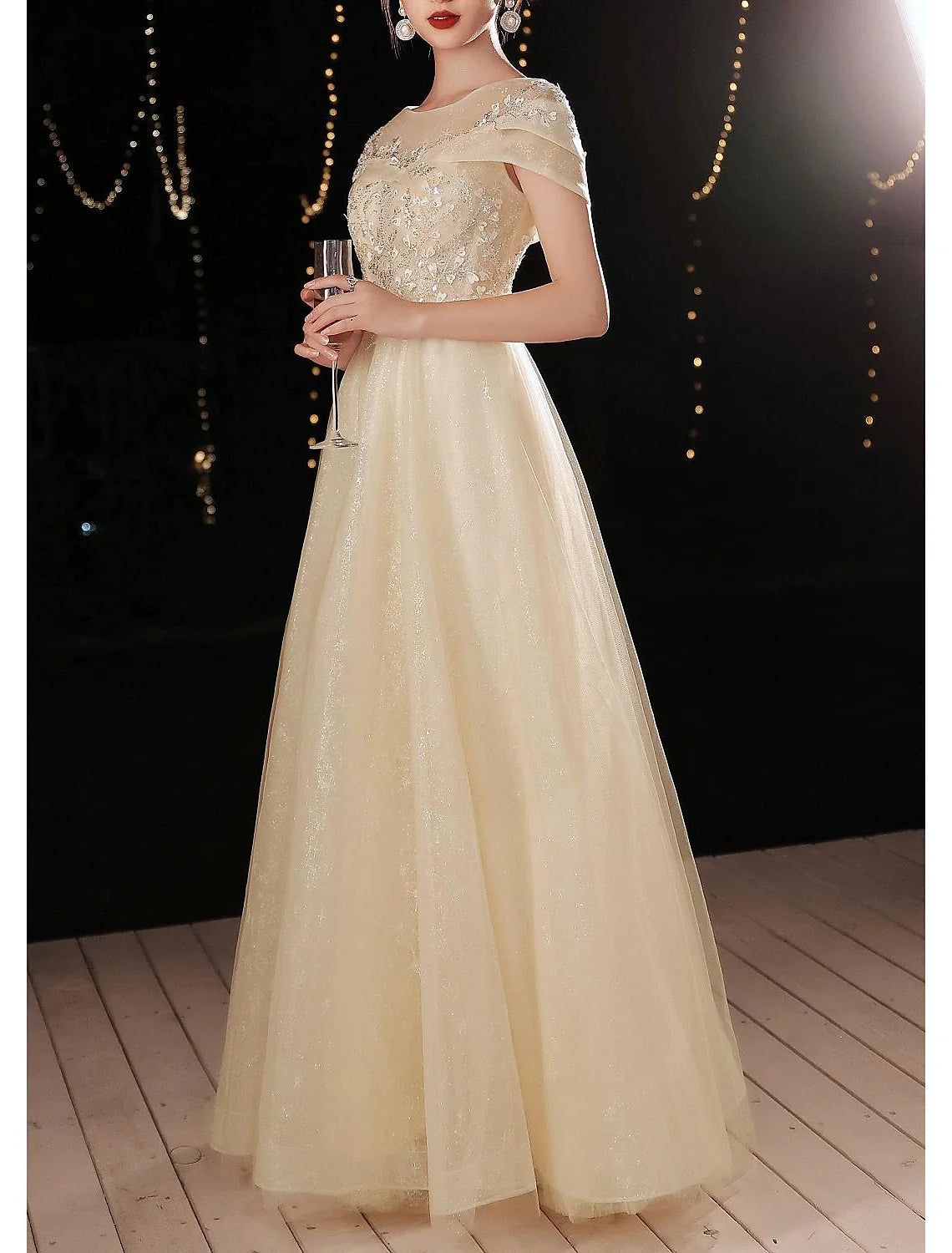 A-Line Lace Short Sleeve Applique Floor-Length Evening Dress - Chloe Dress