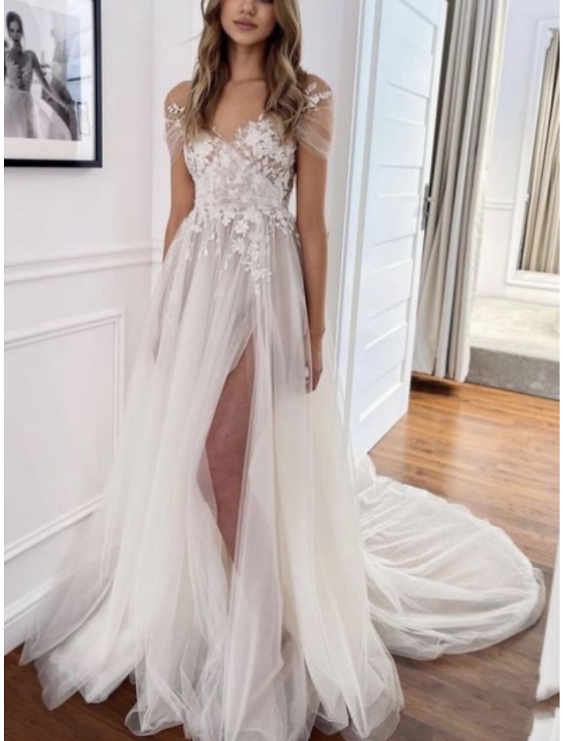 A-Line V-Neck Lace Short Sleeve Pleated Mini Wedding Gown - Chloe Dress