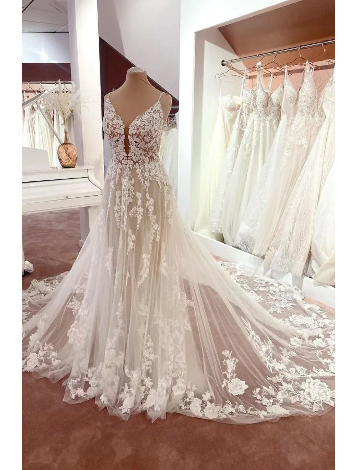 A-Line V-Neck Lace Open Back Train Wedding Gown - Chloe Dress