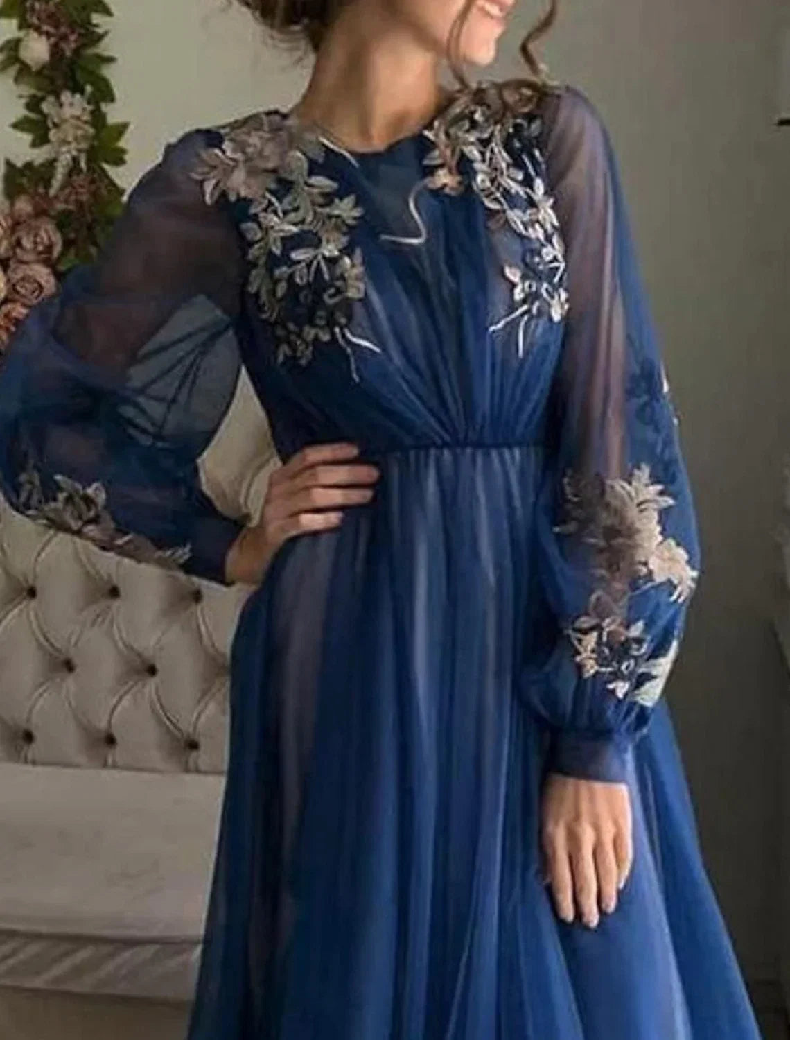 A-Line Tulle Long Sleeve Train Evening Gown - Chloe Dress