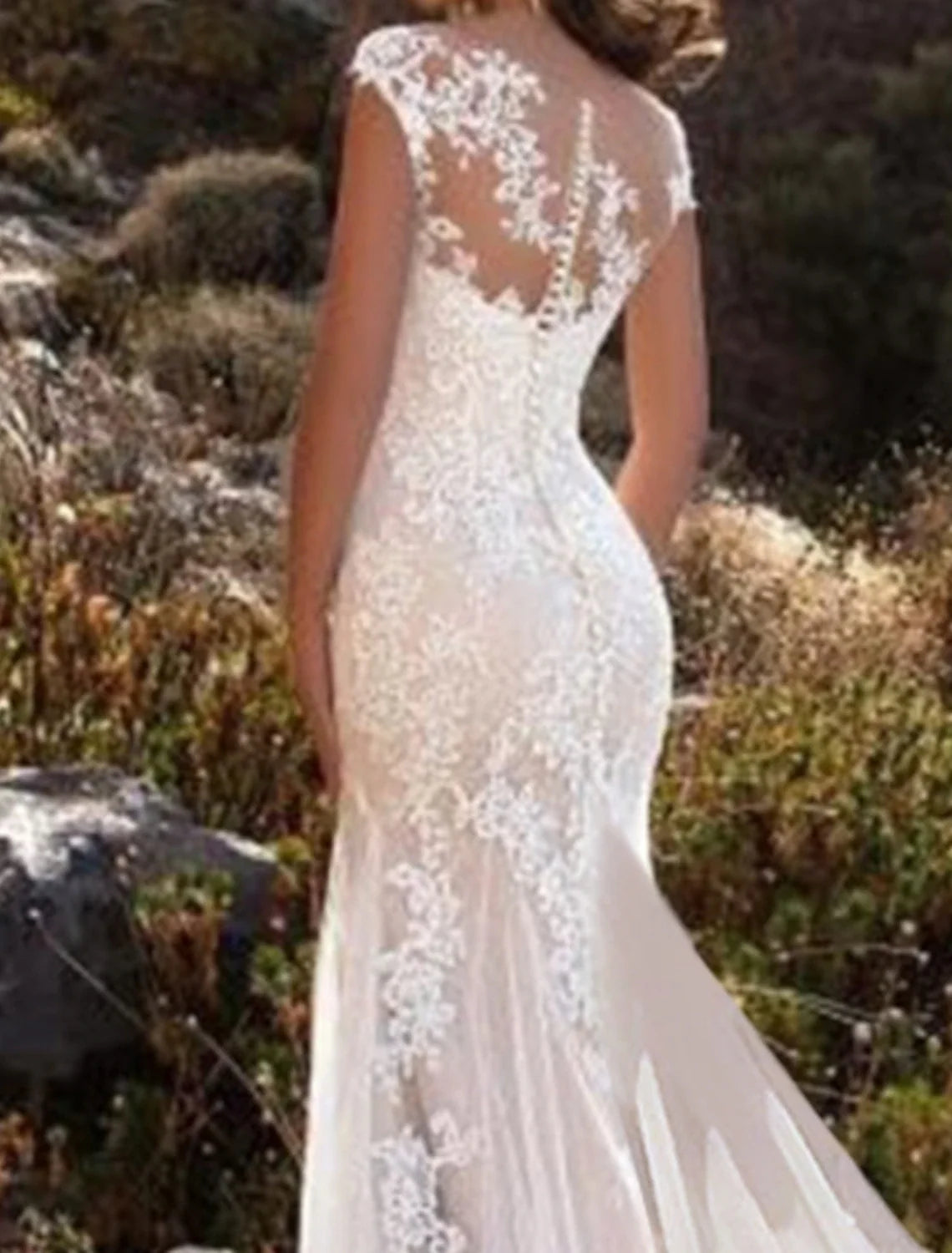 Mermaid Illusion Lace Cap Sleeve Train Wedding Gown - Chloe Dress