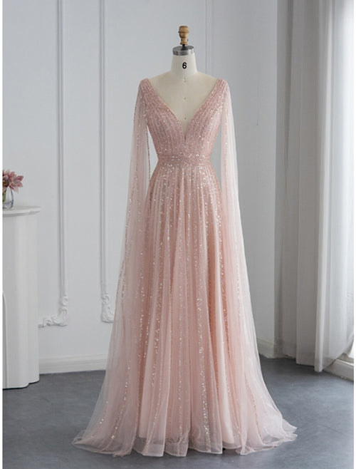 A-Line V-Neck Sequin Long Sleeve Pleated Evening Gown - Chloe Dress