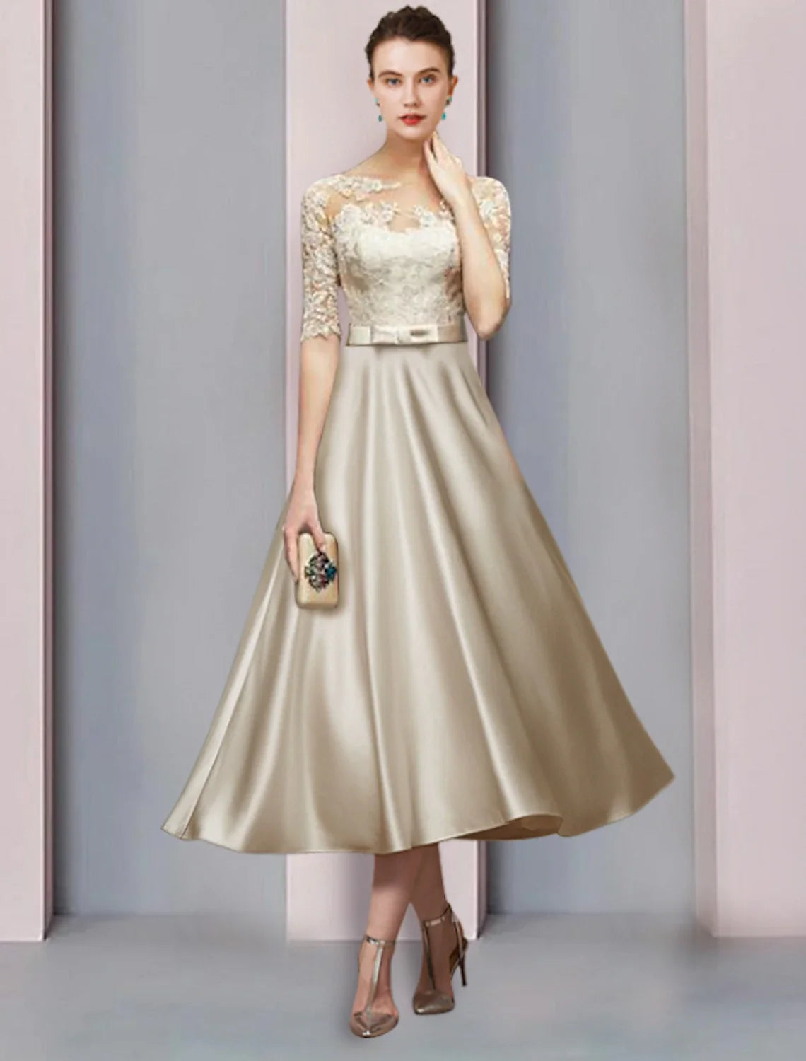 Sheath Satin Pleated Tea-Length Wedding Dress - Chloe Dress