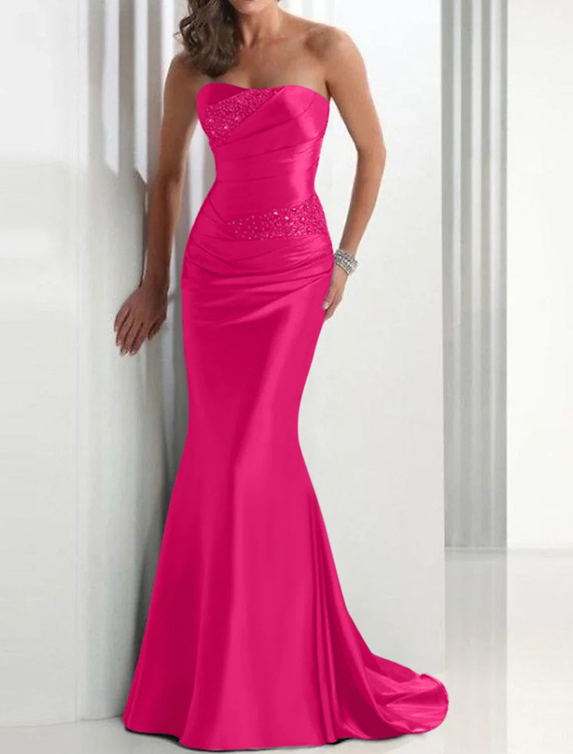 Green Mermaid Strapless Satin Sleeveless Train Evening Dress - Chloe Dress