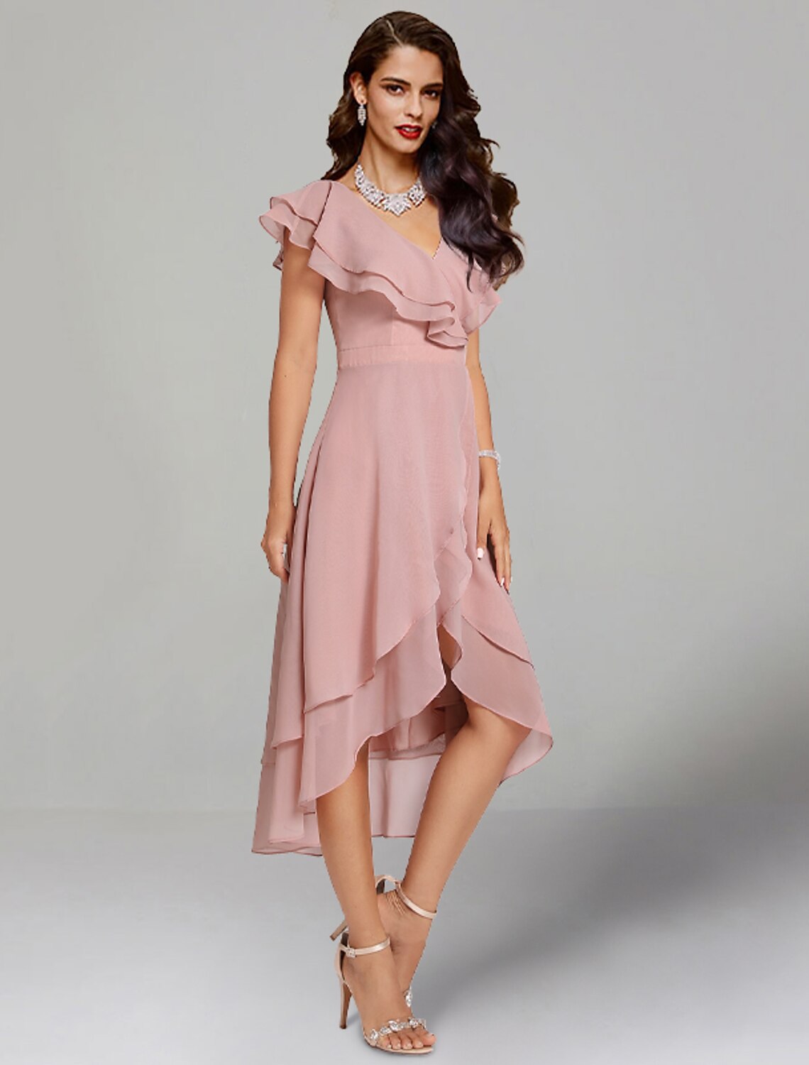 A-Line V-Neck Chiffon Short Sleeve High Slit Mini Wedding Dress - Chloe Dress