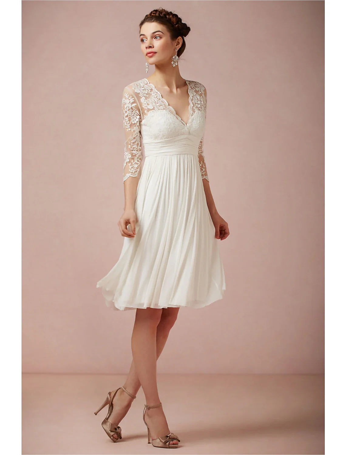 White A-Line V-Neck Chiffon Three-Quarter Sleeve Open Back Knee-Length Wedding Gown - Chloe Dress