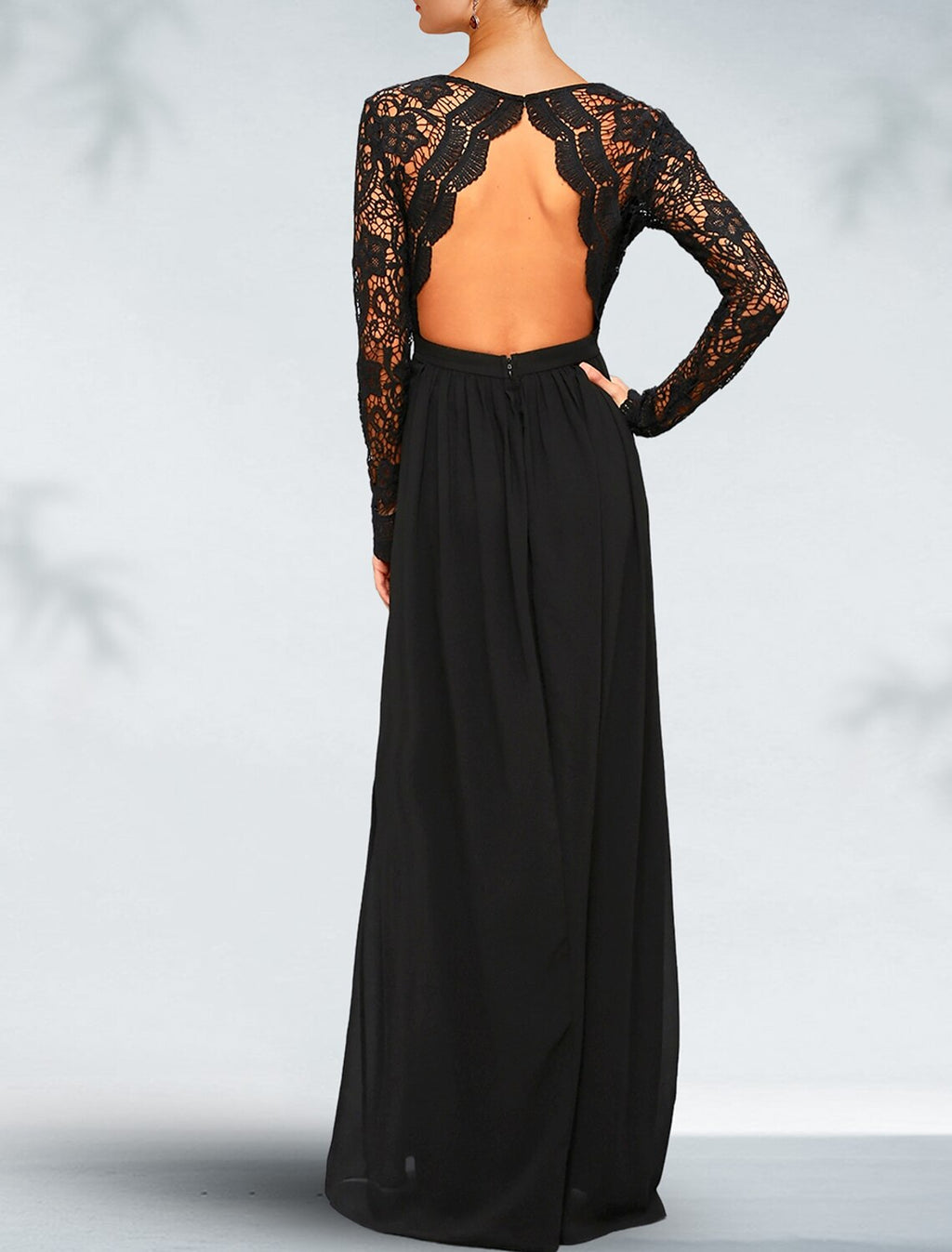 Black A-Line V-Neck Chiffon Long Sleeve Open Back Pleated Floor-Length Evening Dress - Chloe Dress