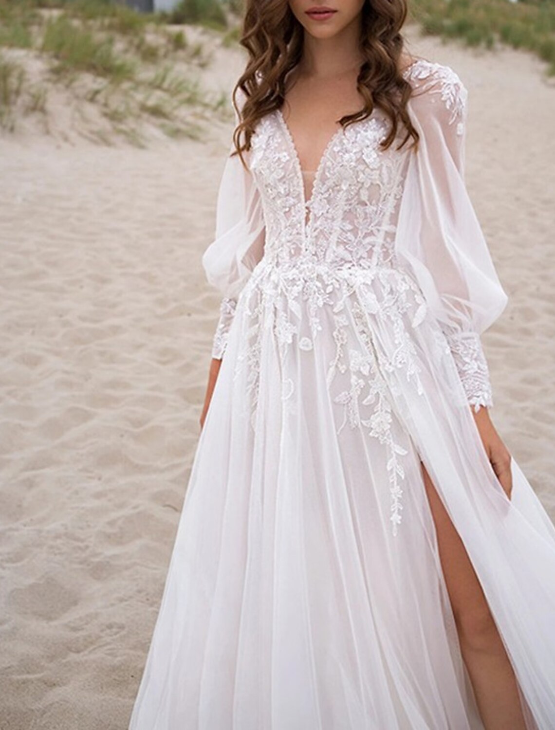 A-Line V-Neck Lace Long Sleeve Train Wedding Gown - Chloe Dress