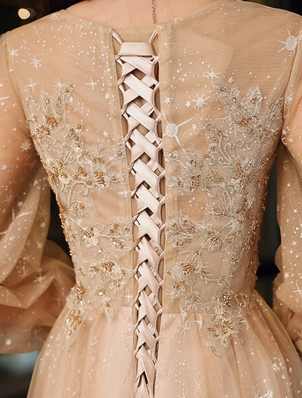 A-Line Tulle Long Sleeve Applique Floor-Length Prom Dress - Chloe Dress