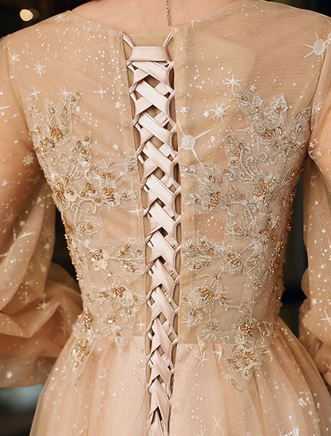 A-Line Tulle Long Sleeve Applique Floor-Length Prom Dress - Chloe Dress