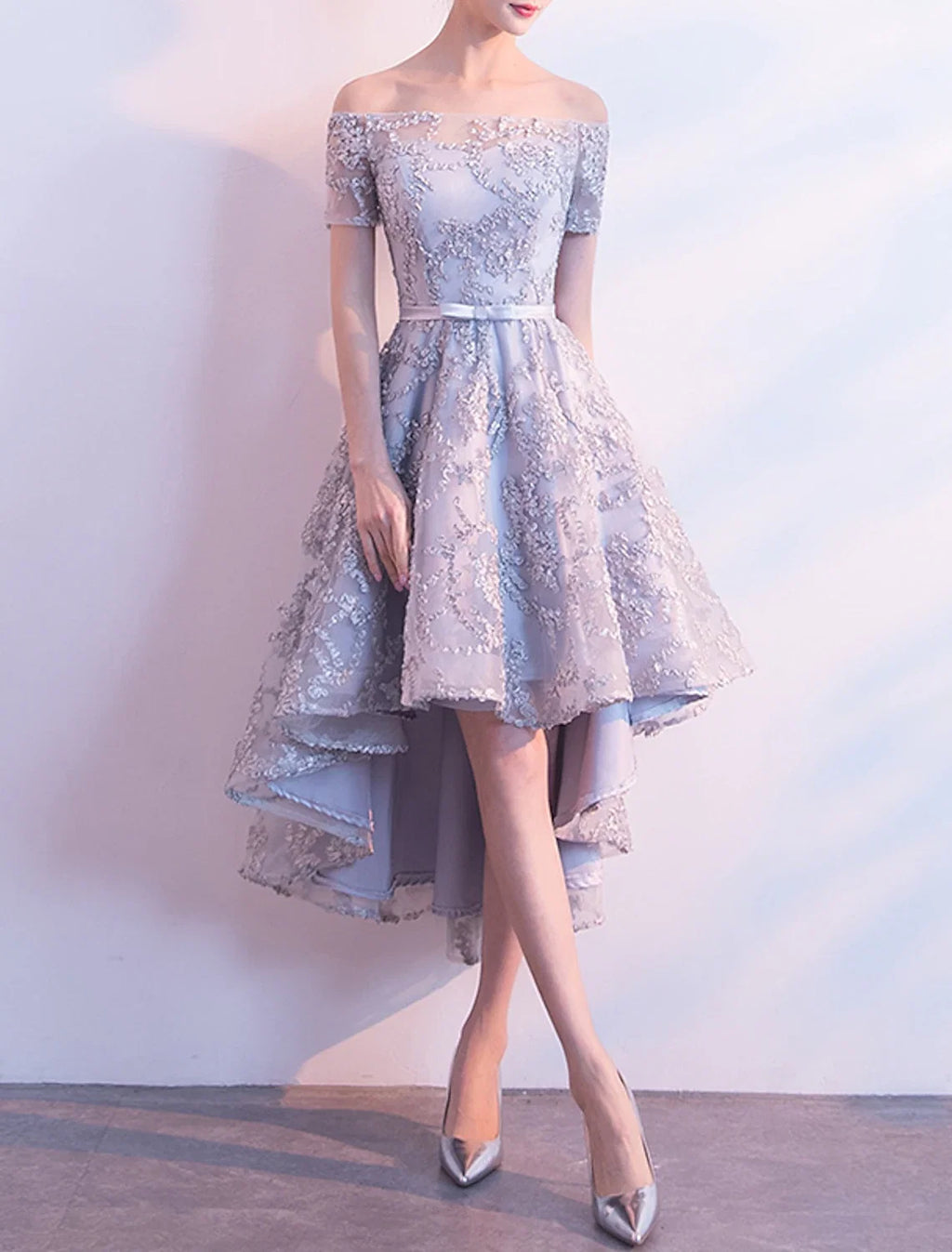A-Line Off-Shoulder Tulle Short Sleeve Pleated Mini Wedding Dress - Chloe Dress