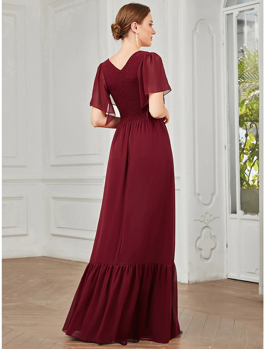 A-Line V-Neck Chiffon Short Sleeve Pleated Floor-Length Prom Dress - Chloe Dress