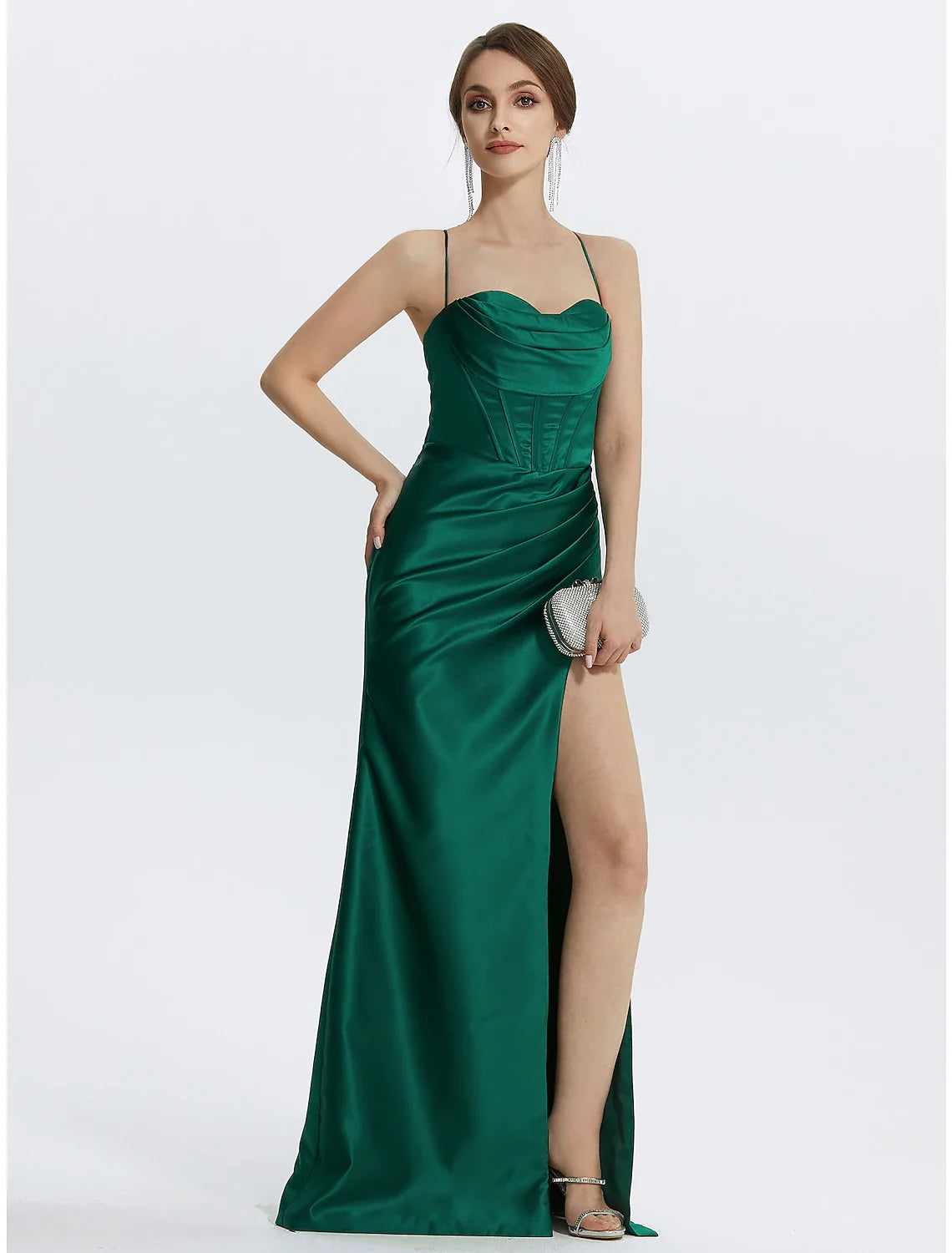 Black Mermaid Cowl Neck Satin Sleeveless Lace-Up Back High Slit Floor-Length Prom Dress - Chloe Dress