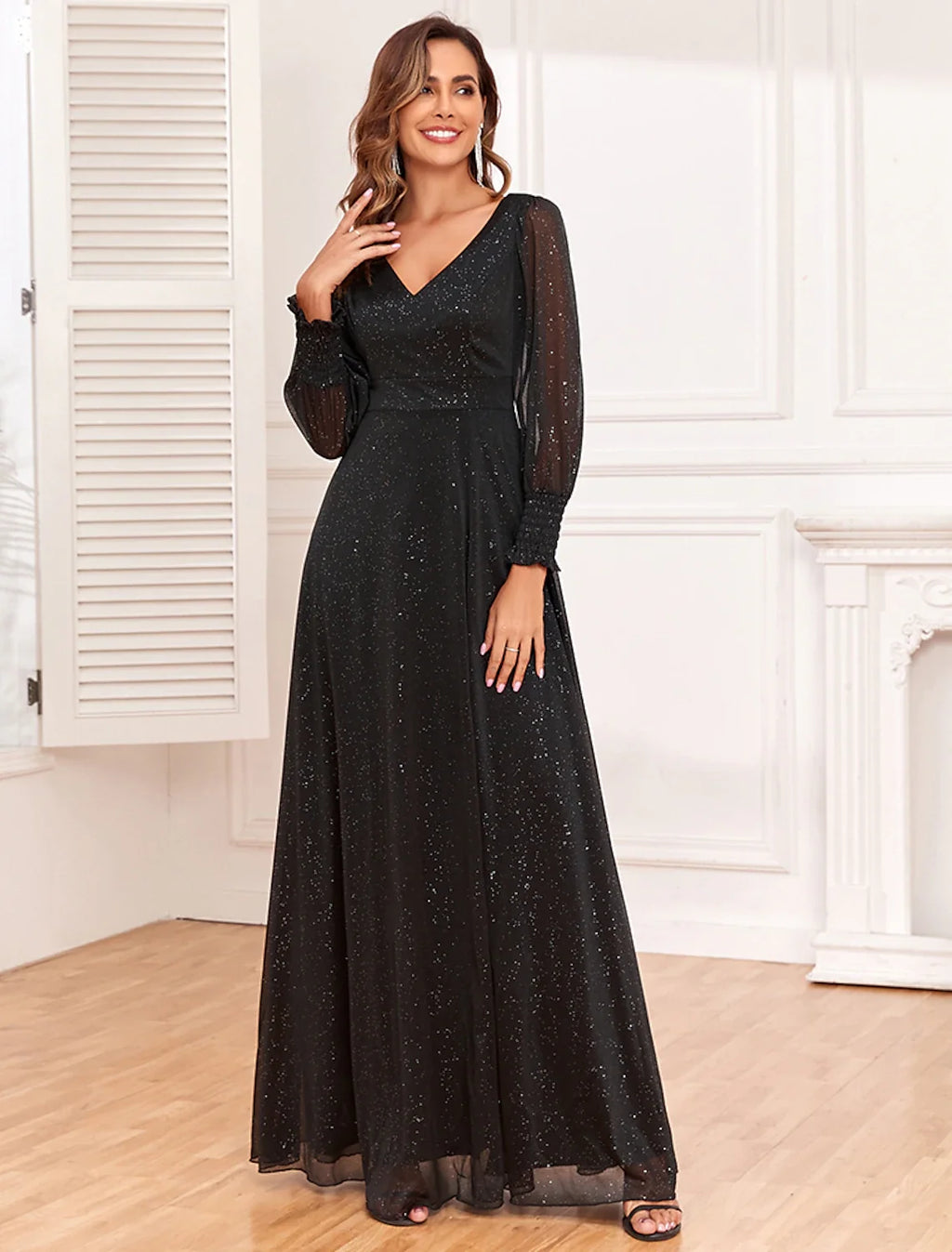 Black A-Line V-Neck Tulle Long Sleeve High Slit Floor-Length Evening Gown - Chloe Dress