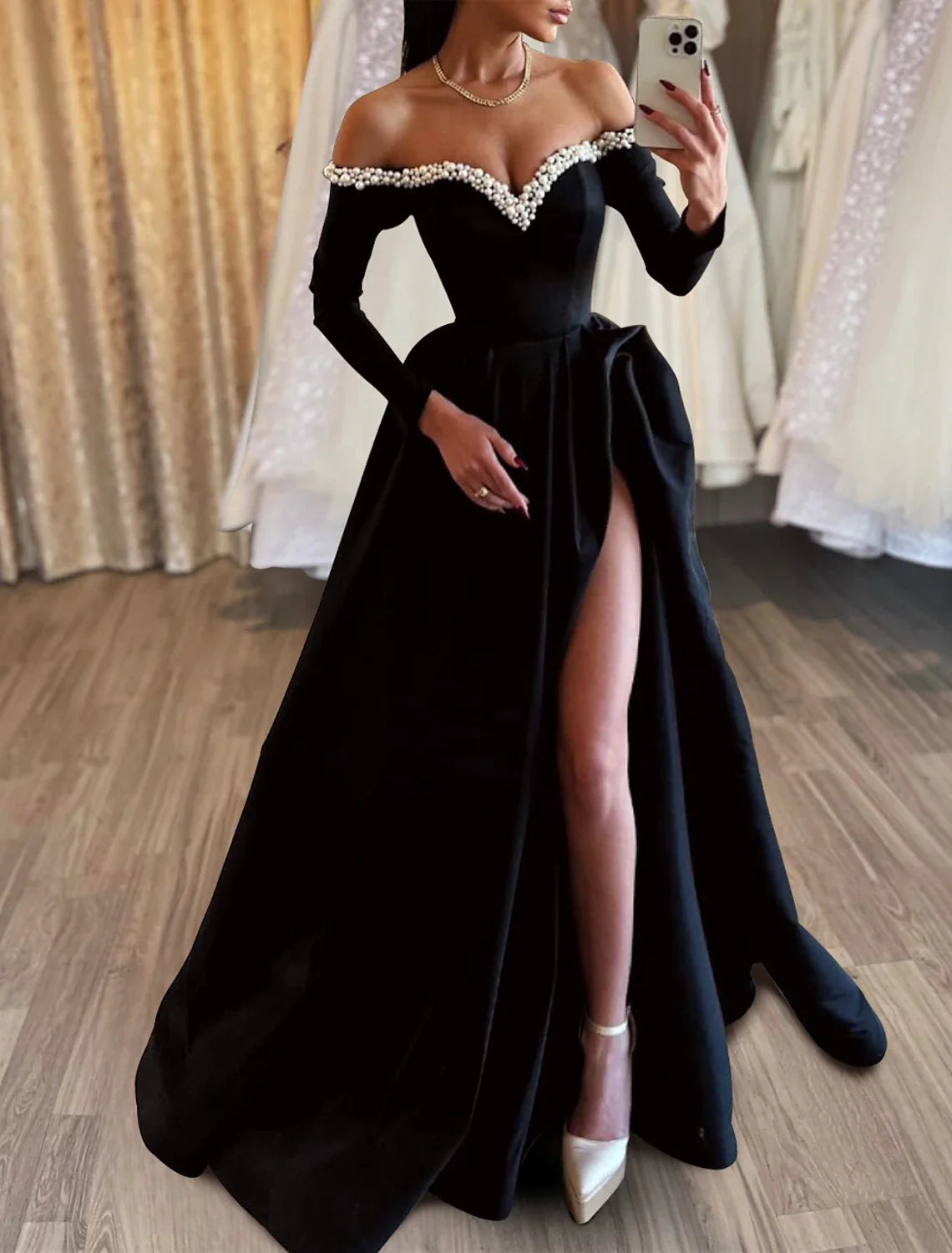 Black A-Line Off-Shoulder Satin Long Sleeve High Slit Evening Gown - Chloe Dress