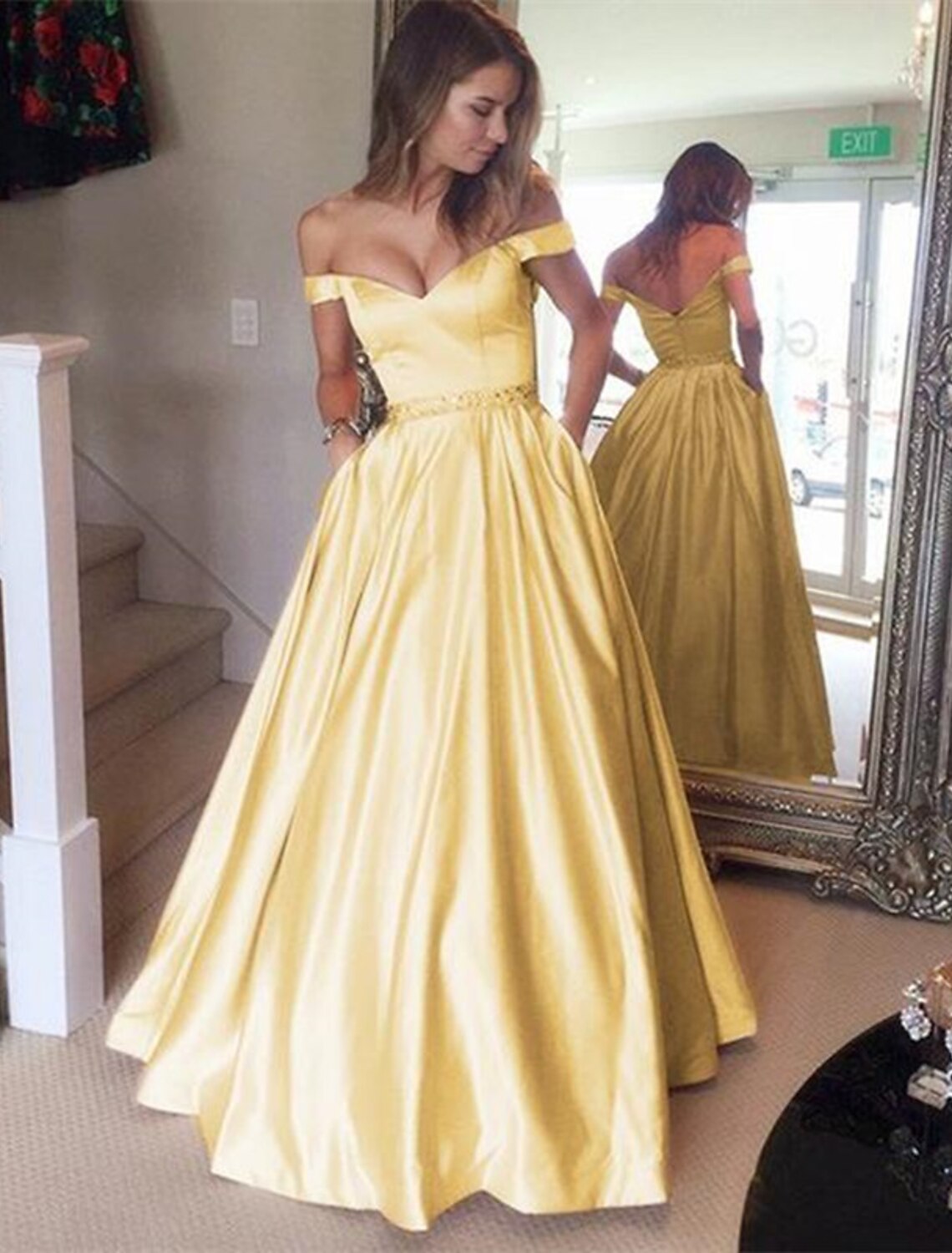 Ball Gown Off-Shoulder Satin Short Sleeve Backless Pleated Floor-Length Evening Gown - Chloe Dress