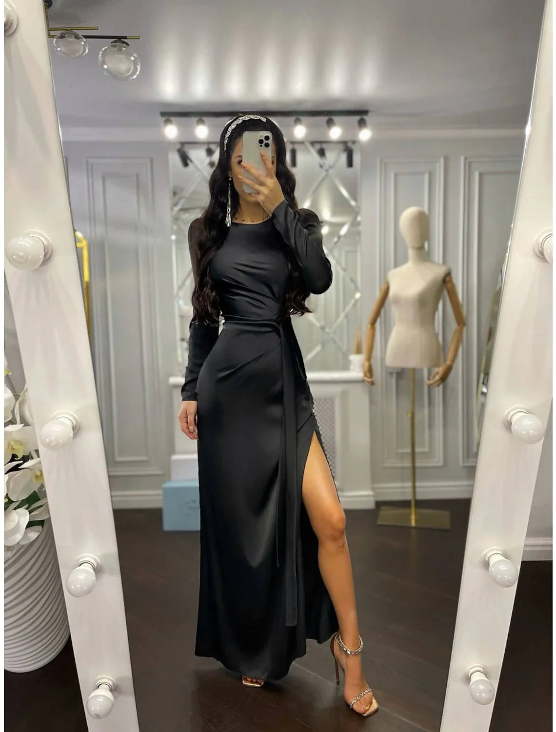 Sheath High Neck Satin Long Sleeve Floor-Length Evening Gown - Chloe Dress