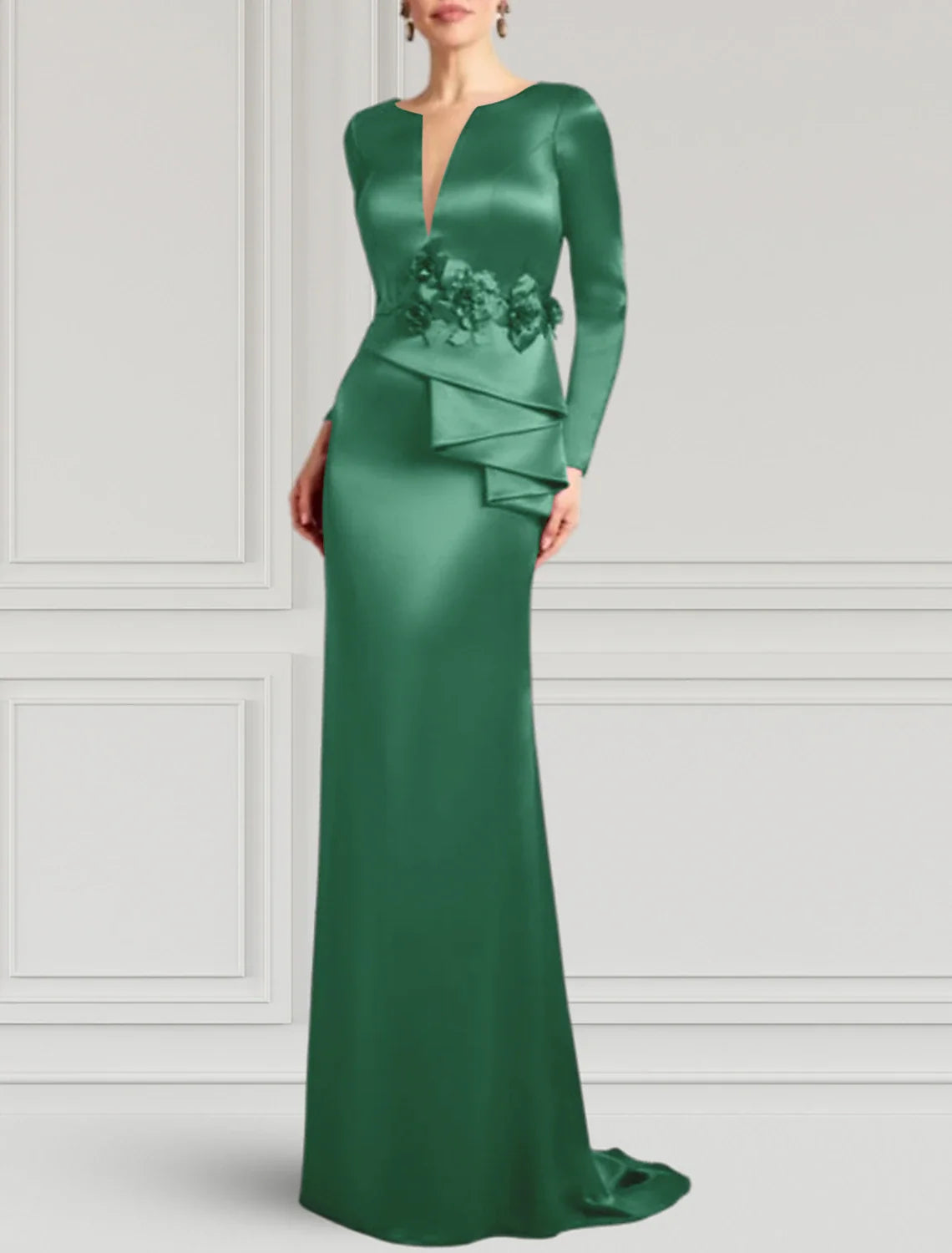 Sheath V-Neck Satin Long Sleeve Train Evening Gown - Chloe Dress