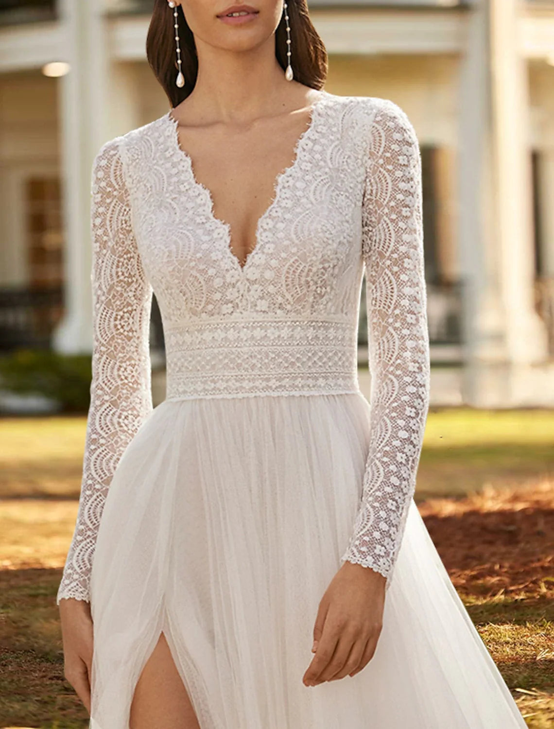A-Line V-Neck Lace Long Sleeve Train Wedding Gown - Chloe Dress