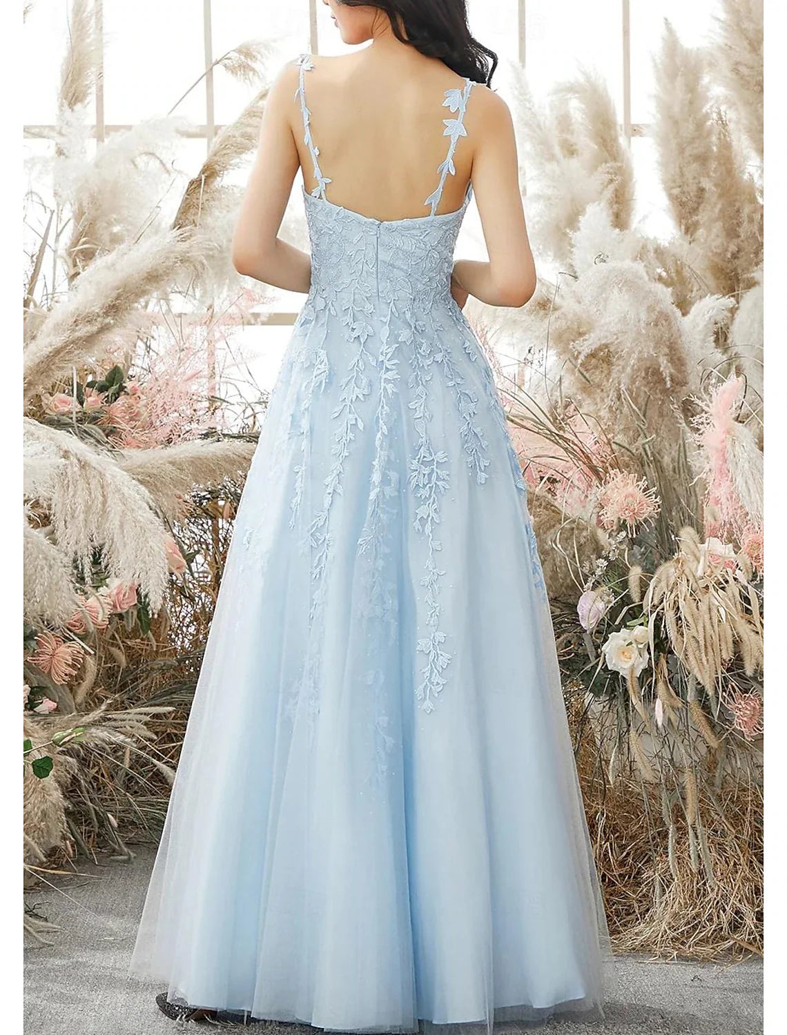 Sheath Spaghetti Strap Tulle Sleeveless Applique Floor-Length Prom Dress - Chloe Dress