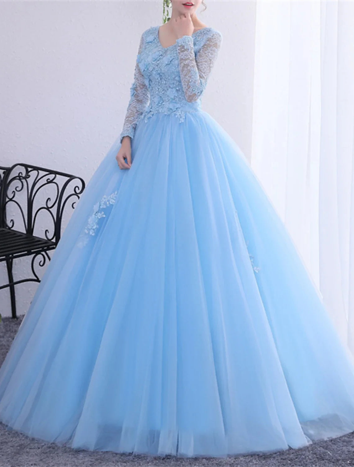 Ball Gown V-Neck Polyester Long Sleeve Applique Floor-Length Gown - Chloe Dress