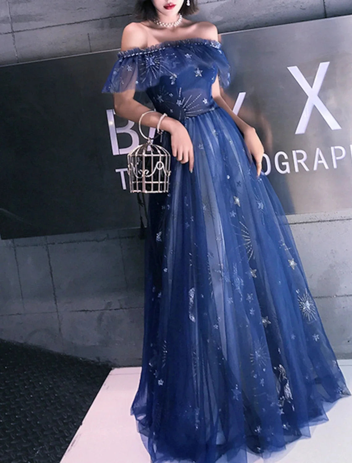A-Line Off-Shoulder Tulle Short Sleeve Tiered Floor-Length Prom Dress - Chloe Dress