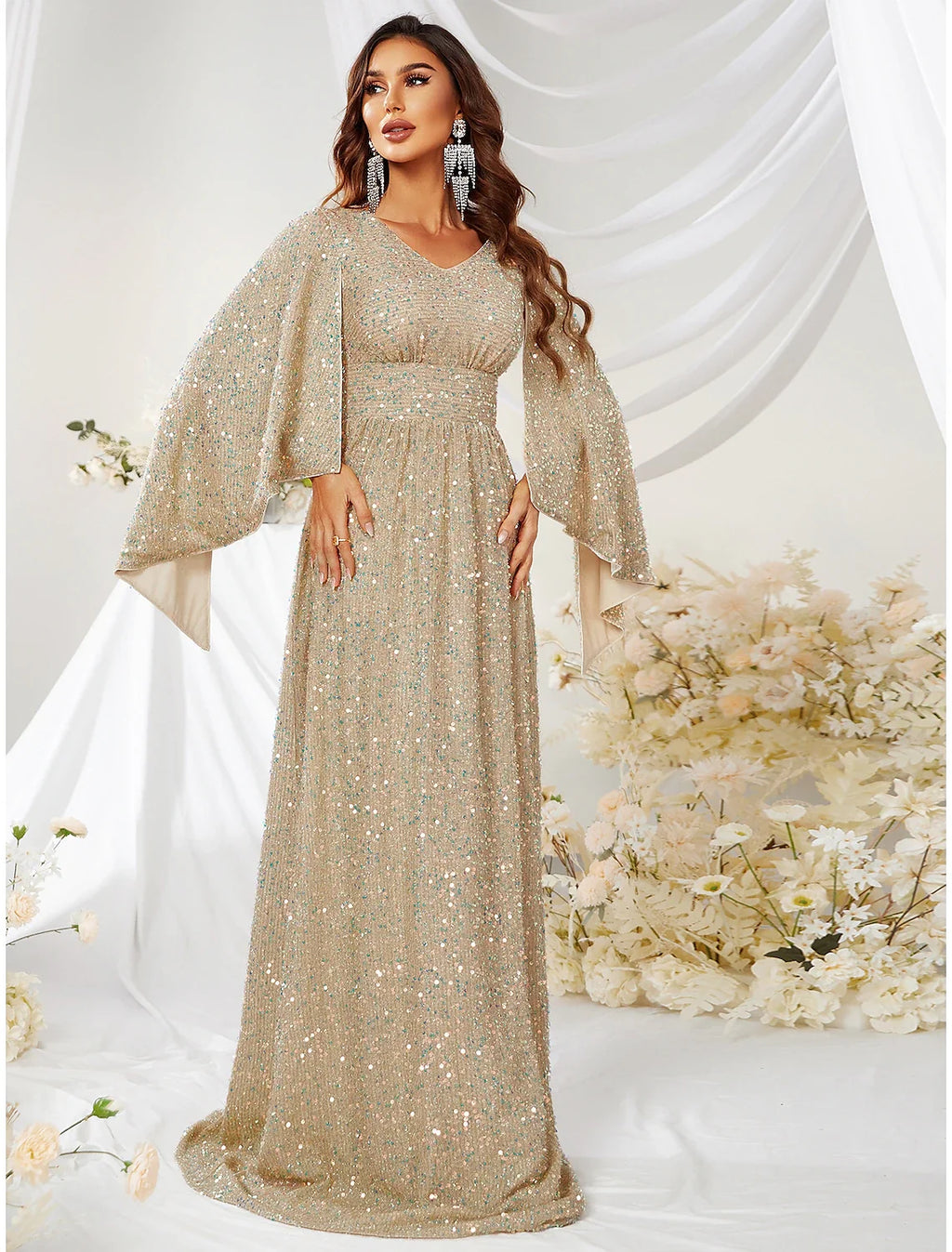 A-Line V-Neck Sequin Long Sleeve Train Evening Gown - Chloe Dress