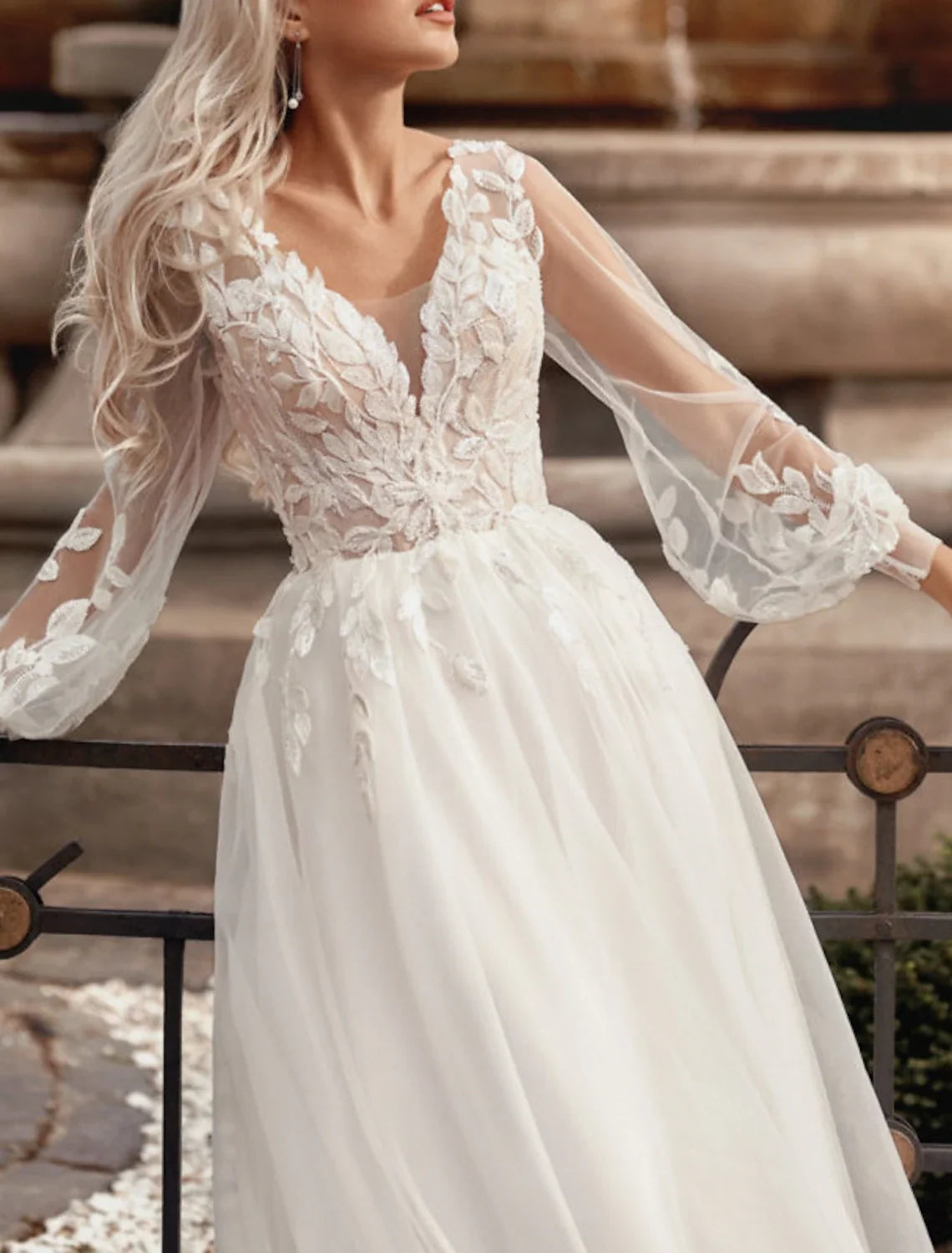 A-Line V-Neck Lace Long Sleeve Train Wedding Gown - Chloe Dress