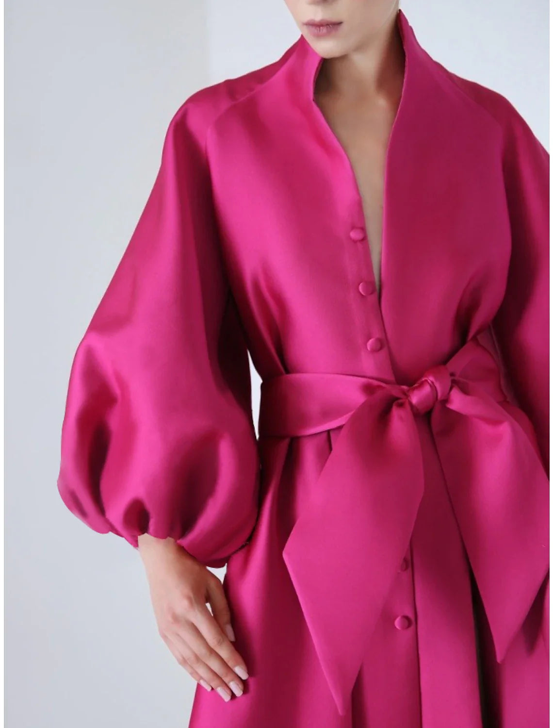 A-Line V-Neck Satin Long Sleeve High Slit Evening Gown - Chloe Dress