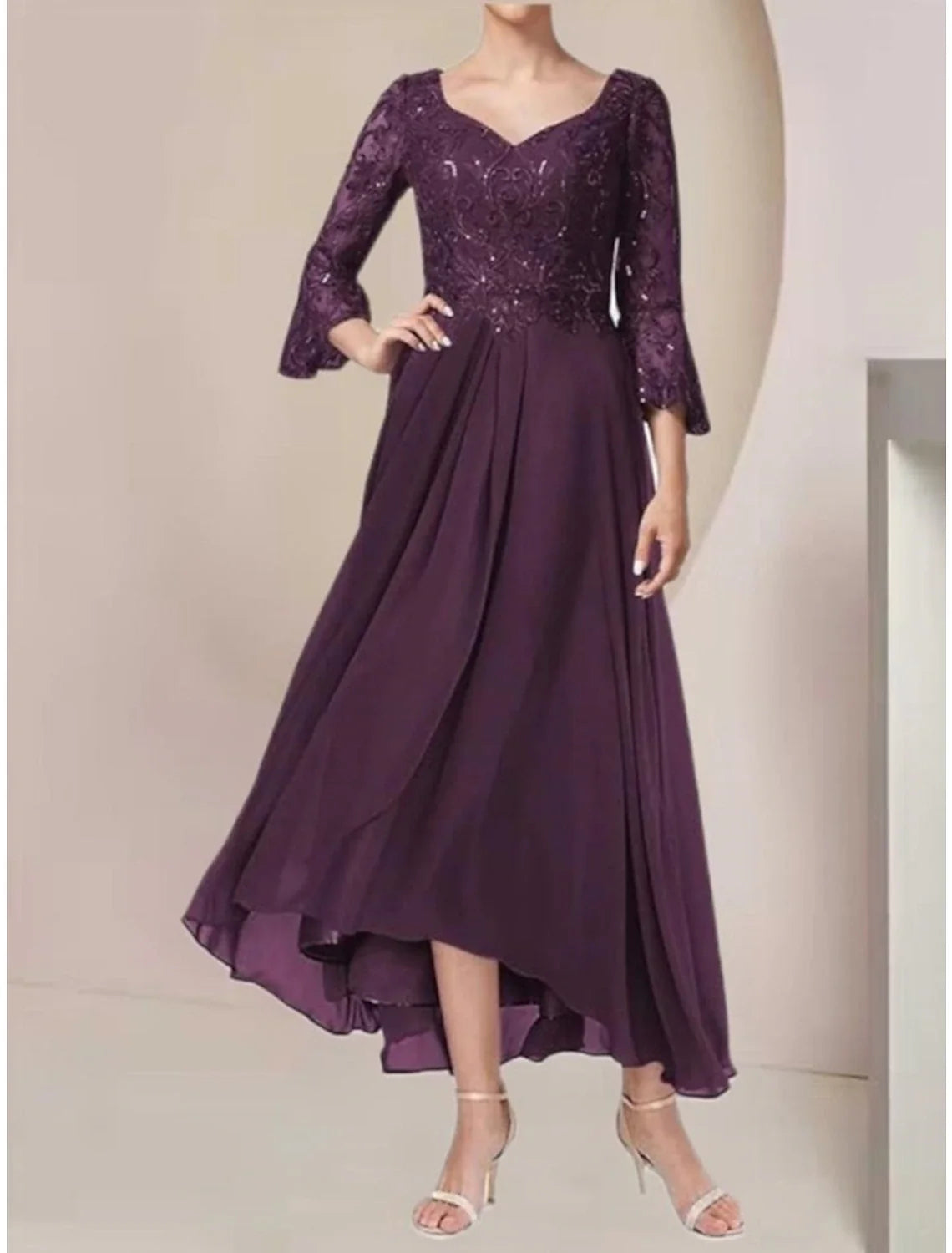 A-Line V-Neck Chiffon Three-Quarter Sleeve Pleated Ankle-Length Wedding Dress - Chloe Dress