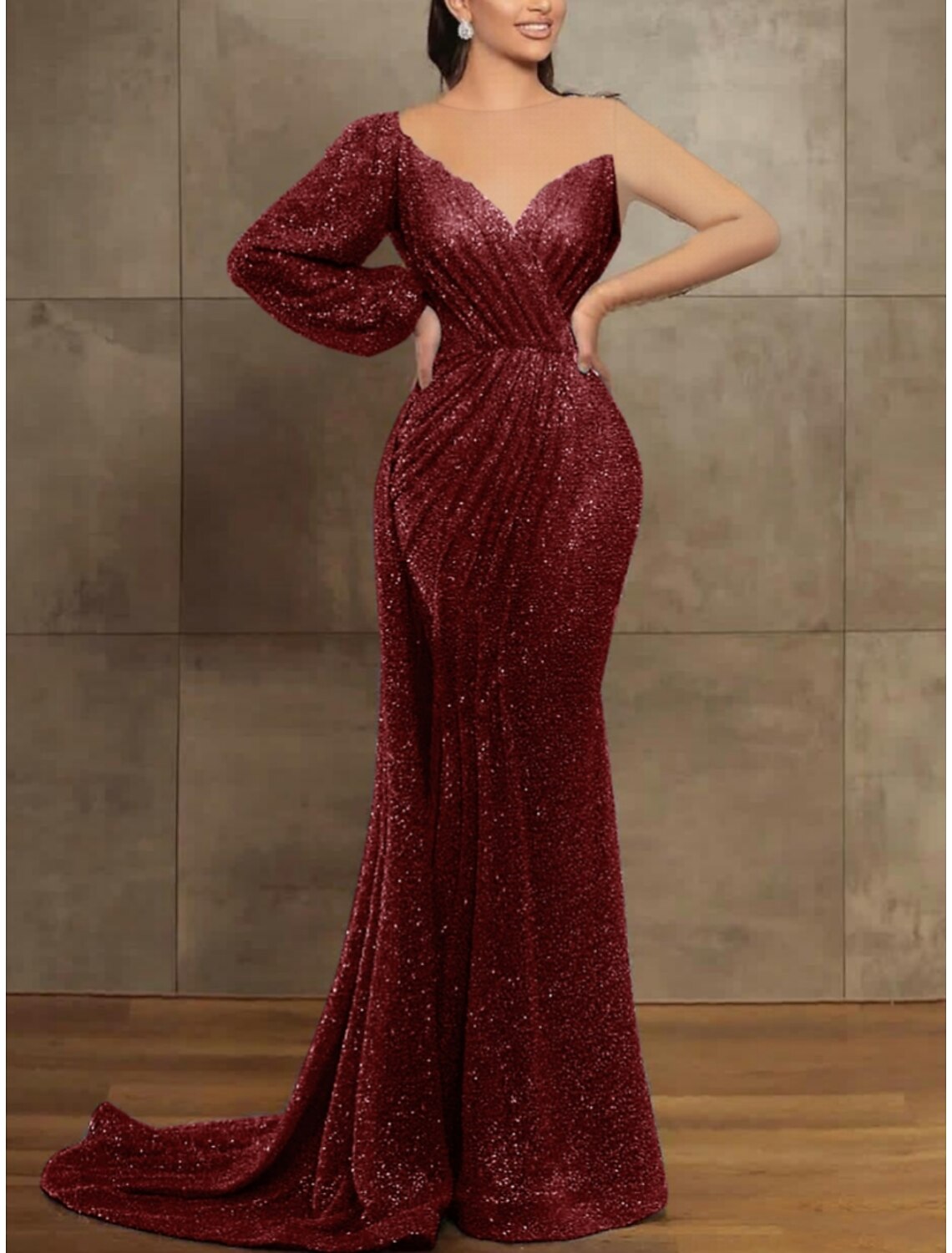 Mermaid Illusion Sequin Long Sleeve Pleated Evening Gown - Chloe Dress