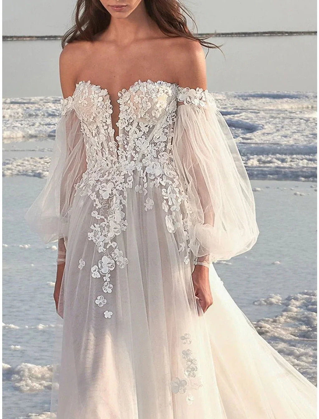 A-Line Off-Shoulder Lace Long Sleeve Train Wedding Gown - Chloe Dress
