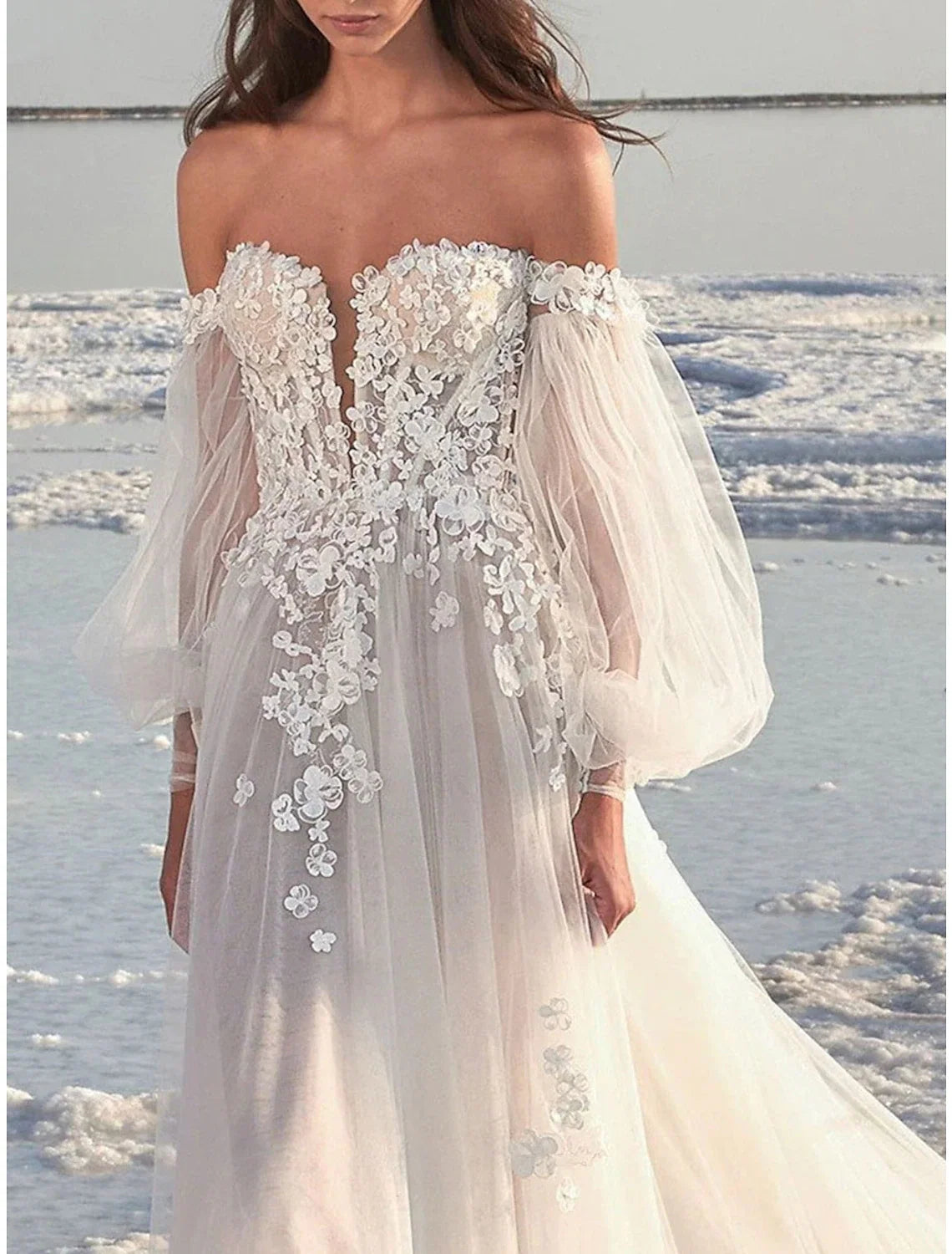 A-Line Off-Shoulder Lace Long Sleeve Train Wedding Gown - Chloe Dress