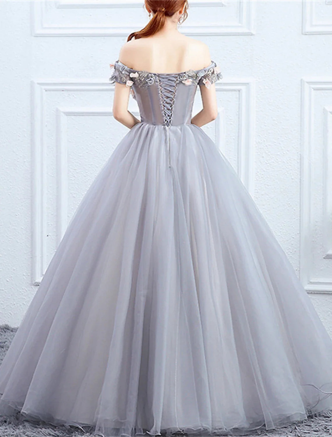 Ball Gown Off-Shoulder Polyester Short Sleeve Applique Floor-Length Gown - Chloe Dress