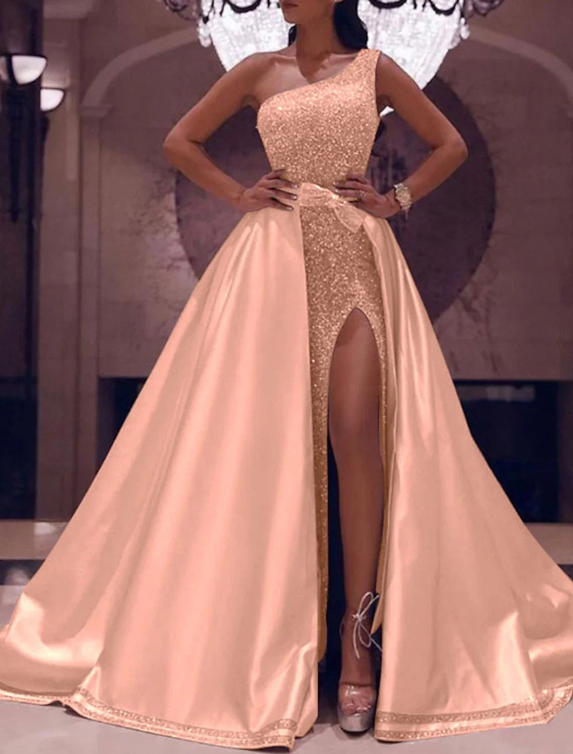 Ball Gown One-Shoulder Satin Sleeveless High Slit Floor-Length Evening Gown - Chloe Dress