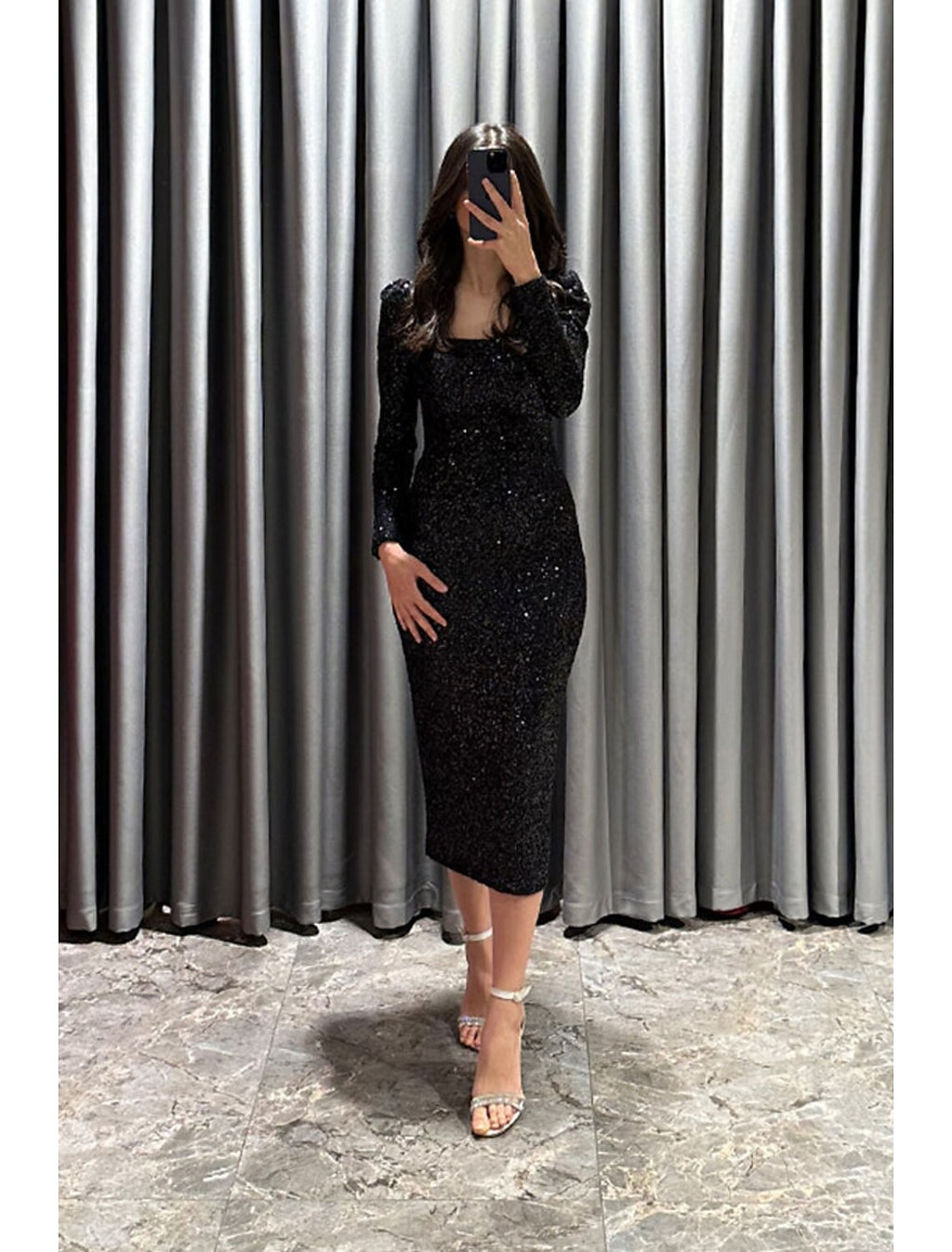 Black Sheath Square Neck Sequin Long Sleeve High Slit Tea-Length Evening Gown - Chloe Dress