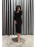 Black Sheath Square Neck Sequin Long Sleeve High Slit Tea-Length Evening Gown - Chloe Dress