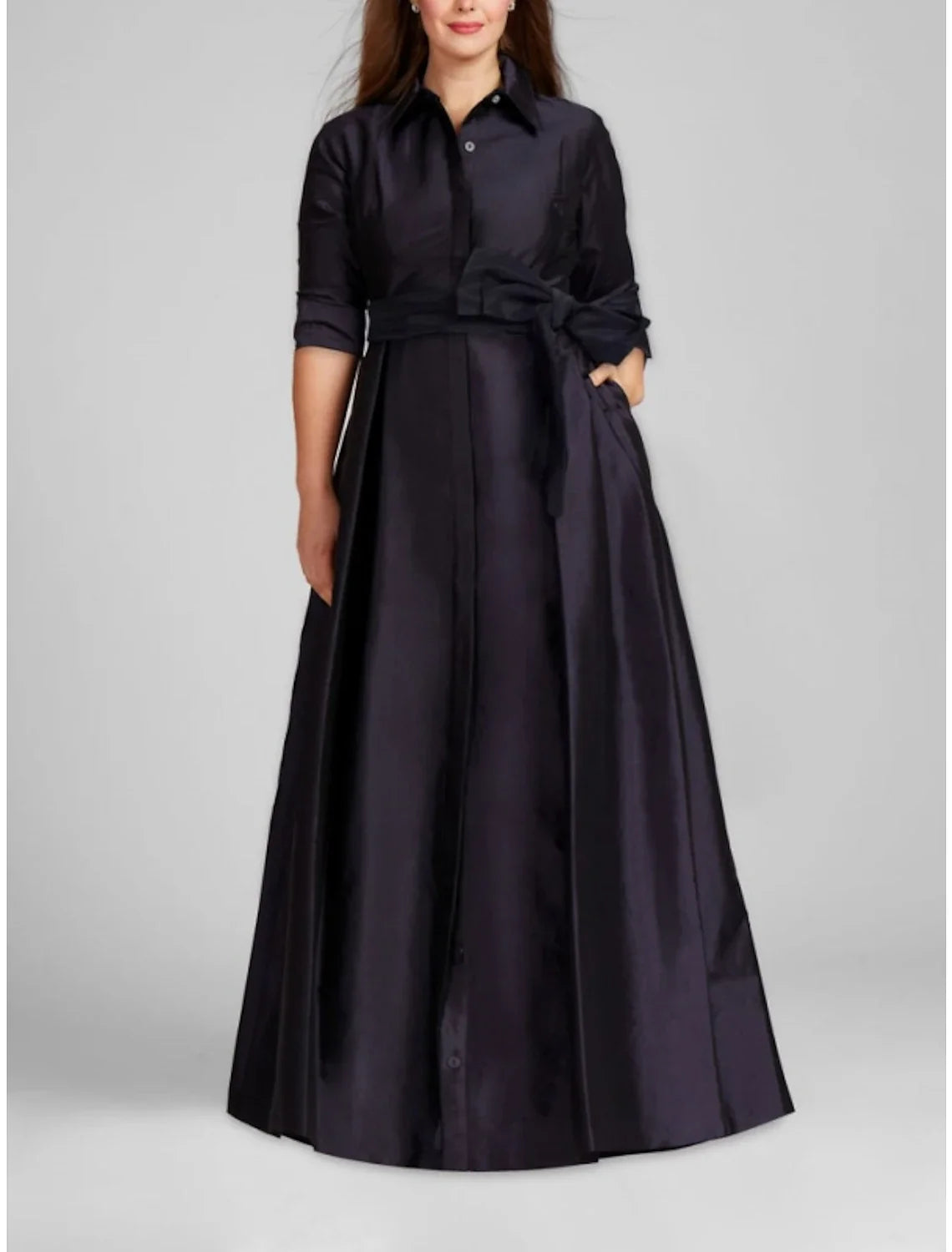 Champagne A-Line Satin Pleated Floor-Length Evening Gown - Chloe Dress