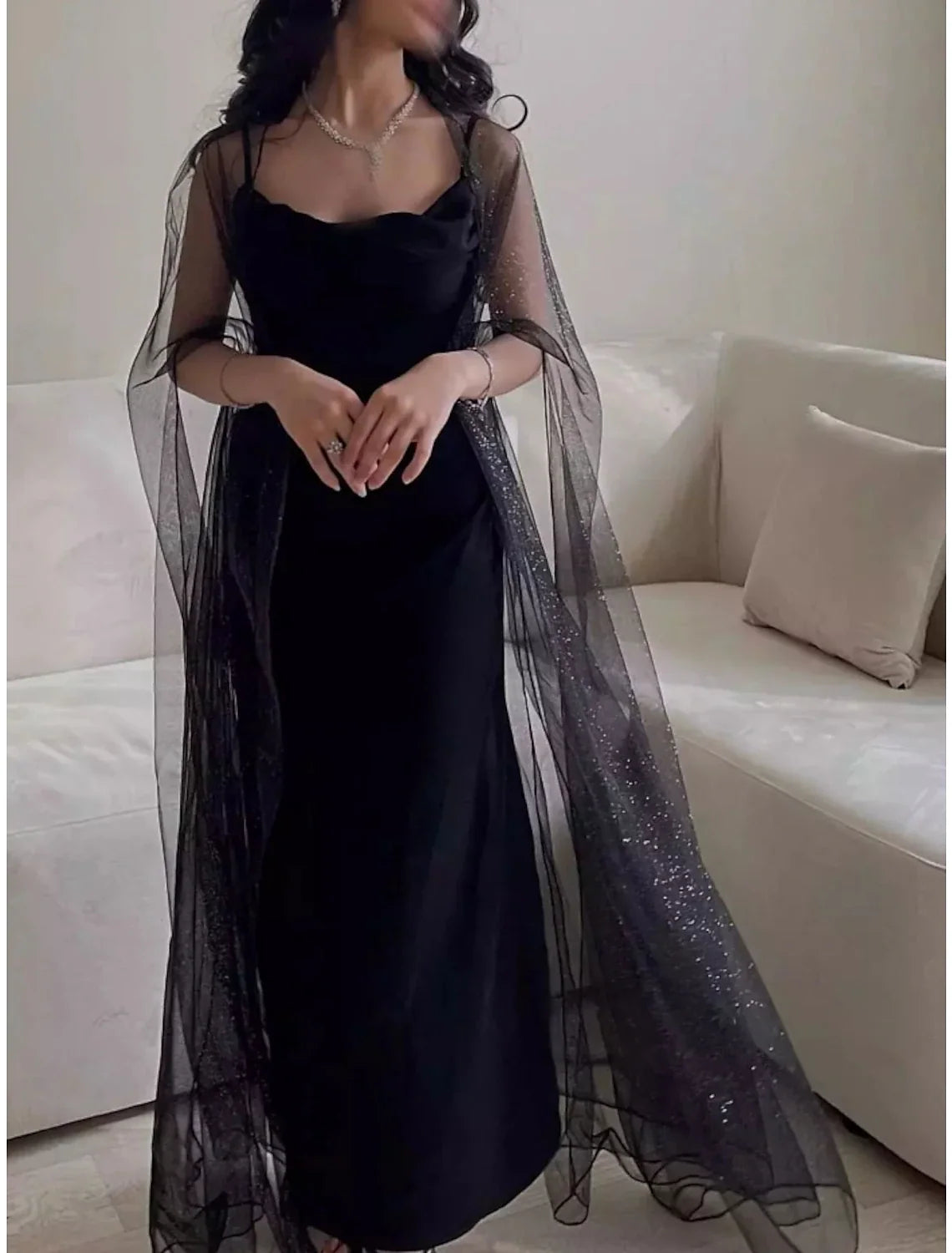 Black Sheath Spaghetti Strap Chiffon Sleeveless Ankle-Length Evening Gown - Chloe Dress