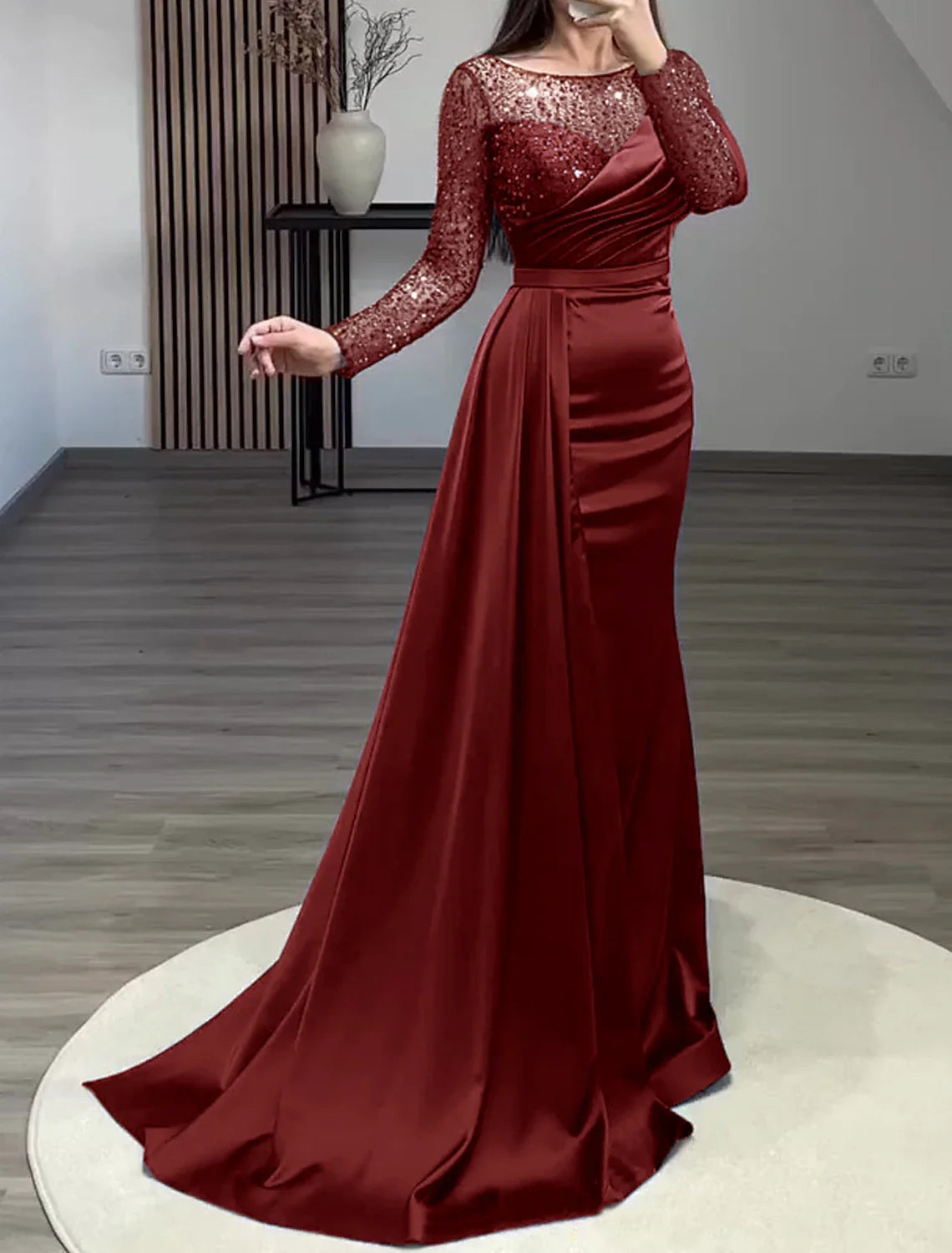 Green Mermaid Sequin Long Sleeve Train Evening Gown - Chloe Dress
