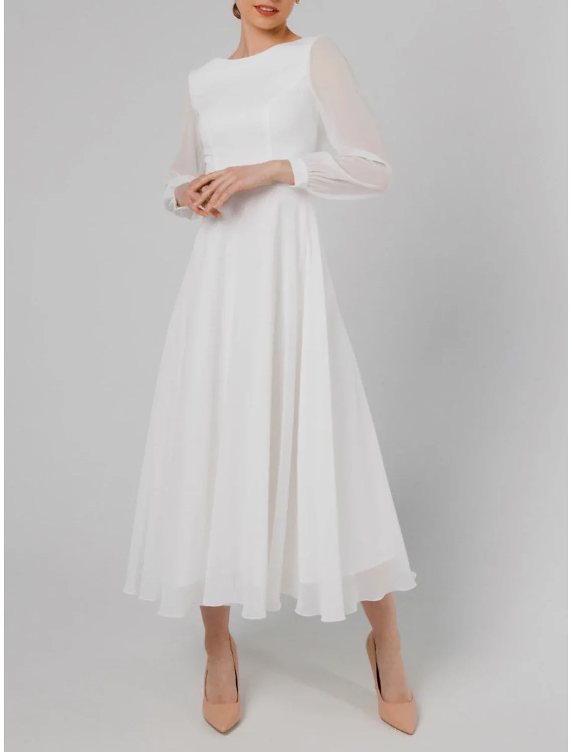 White A-Line Cotton Long Sleeve Ruffled Tea-Length Wedding Dress - Chloe Dress