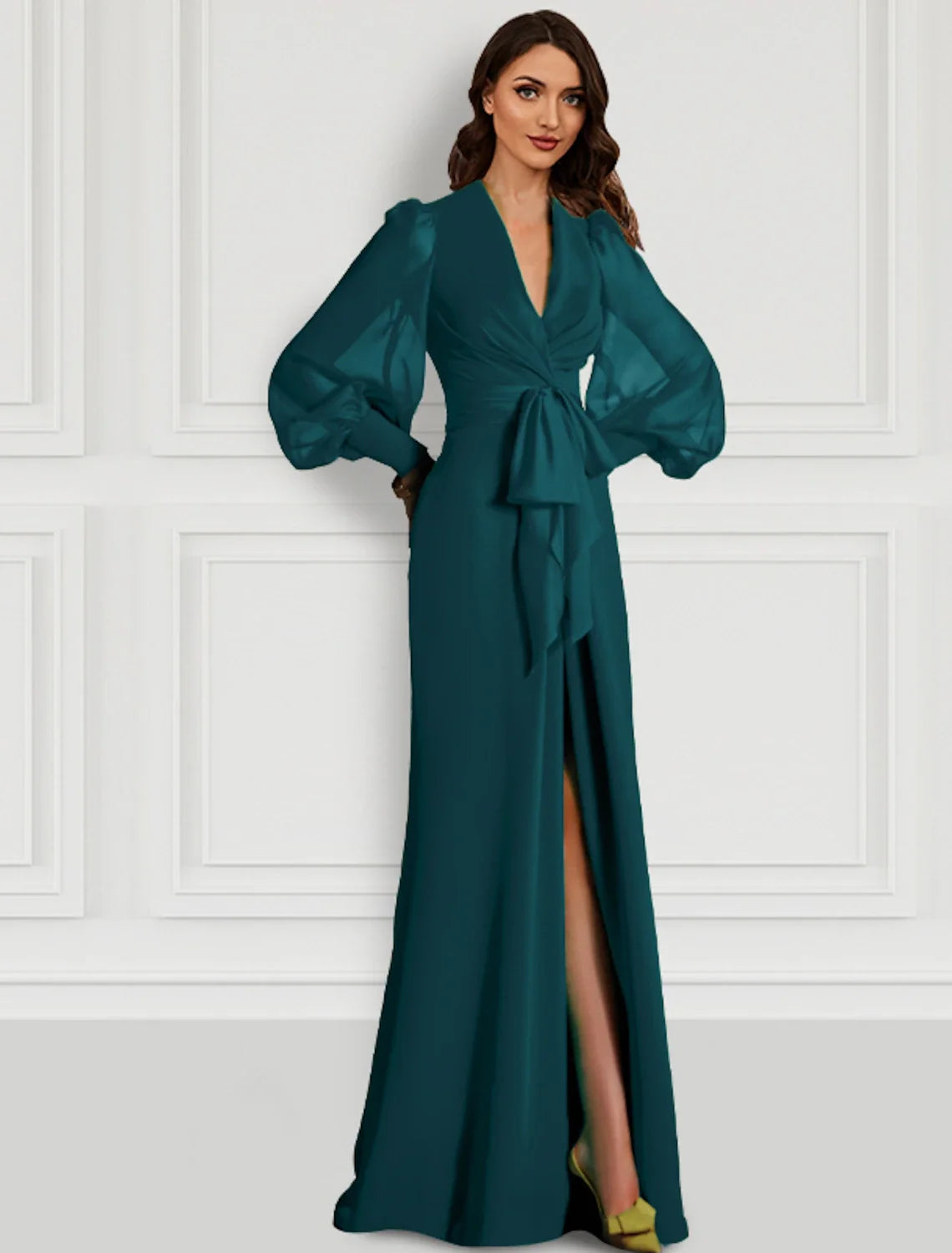 Green Mermaid V-Neck Chiffon Long Sleeve High Slit Evening Gown - Chloe Dress