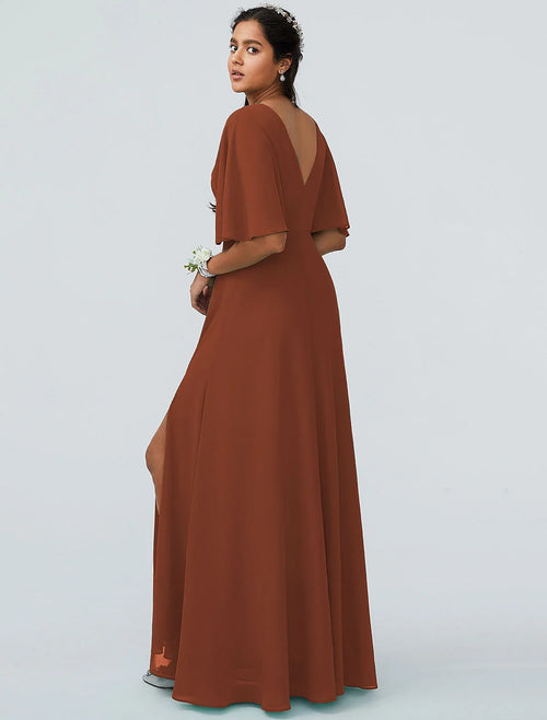 A-Line V-Neck Chiffon Short Sleeve Floor-Length Wedding Dress - Chloe Dress
