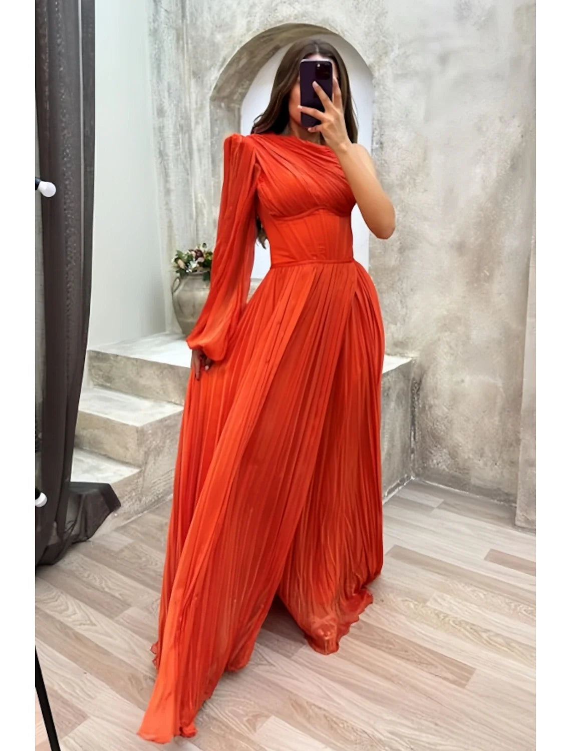 A-Line One-Shoulder Chiffon Long Sleeve High Slit Evening Gown - Chloe Dress